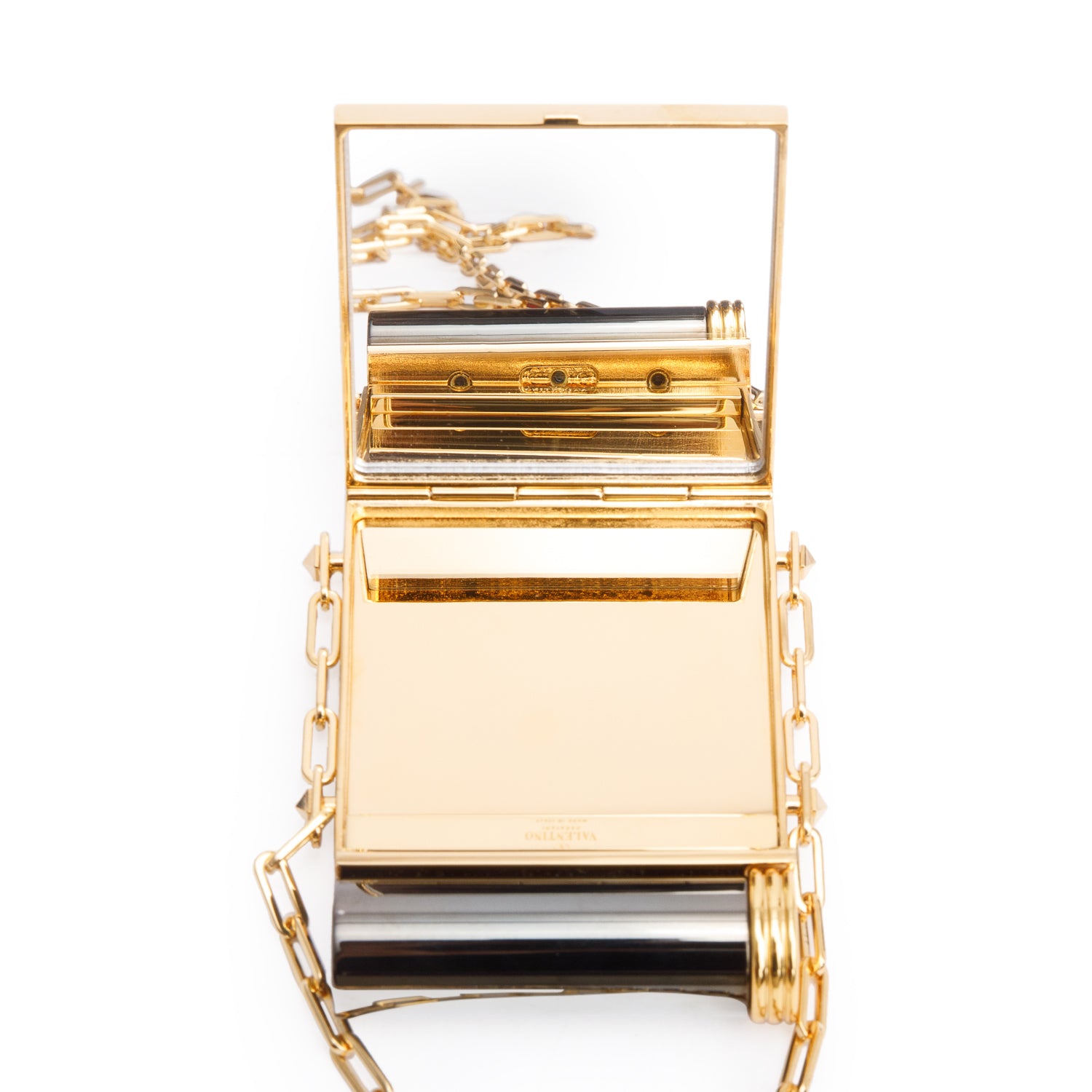 Valentino Gold-Tone Metal Black Acrylic Rockstud Lipstick & Mirror Minaudiere w/ Box