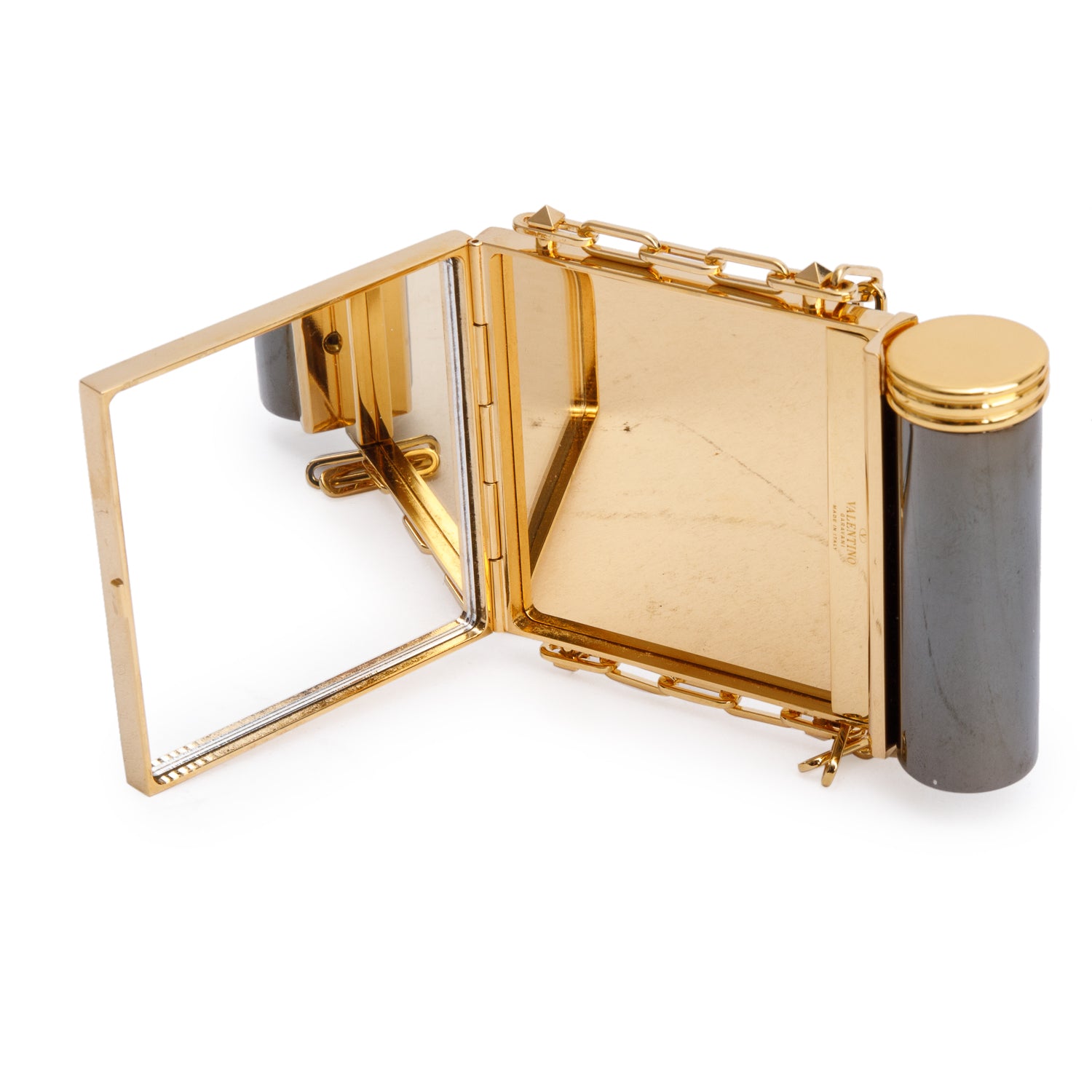 Valentino Gold-Tone Metal Black Acrylic Rockstud Lipstick & Mirror Minaudiere w/ Box