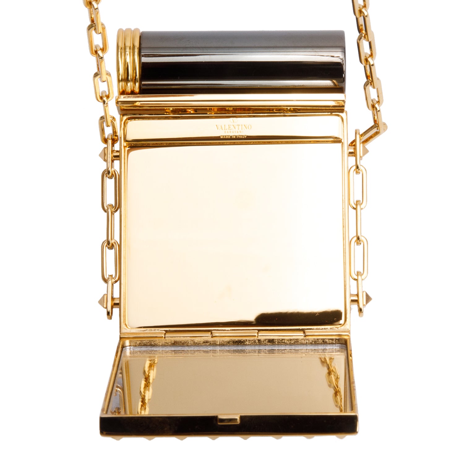 Valentino Gold-Tone Metal Black Acrylic Rockstud Lipstick & Mirror Minaudiere w/ Box