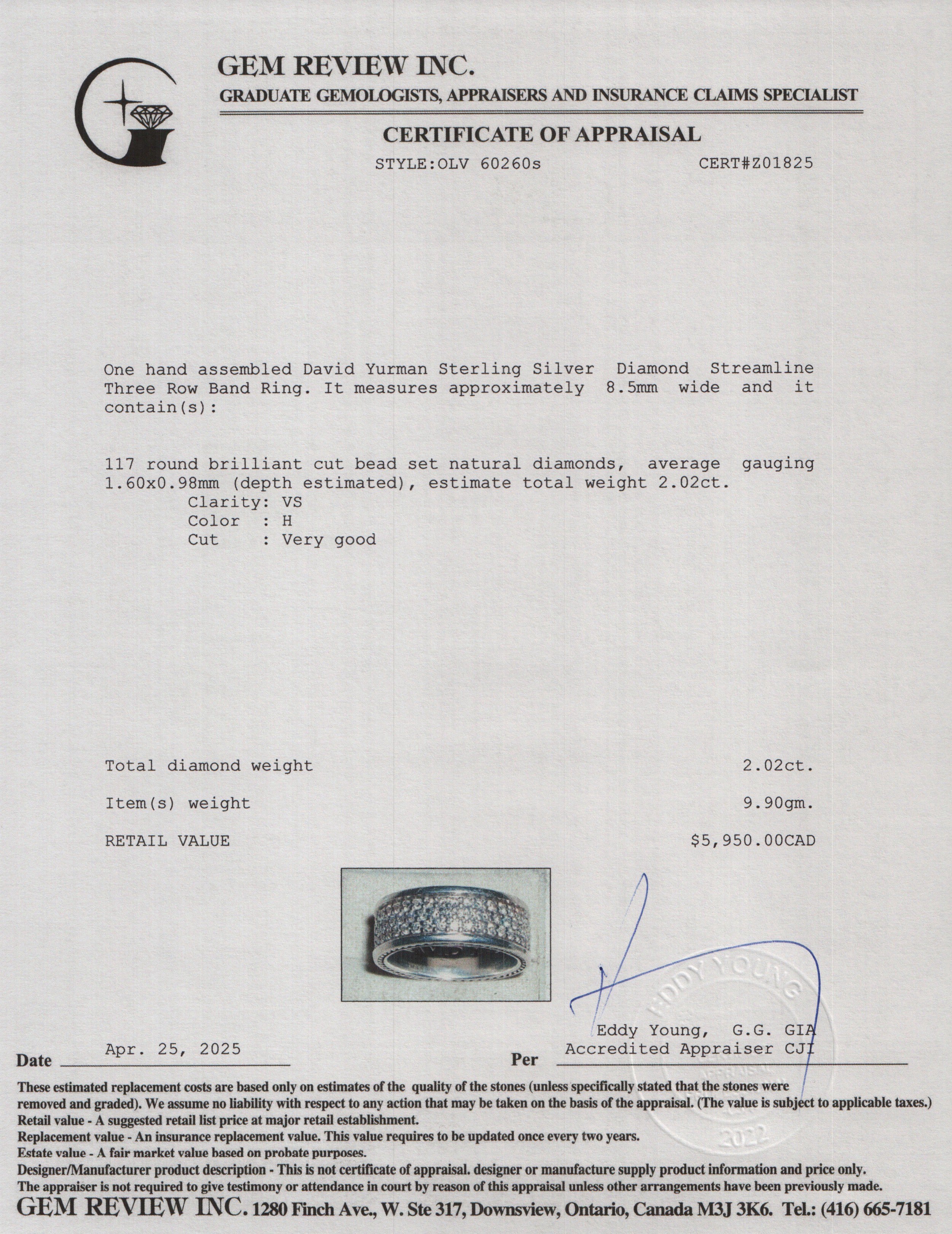 David Yurman Sterling Silver Diamond Streamline Three Row Band Ring, Size 10