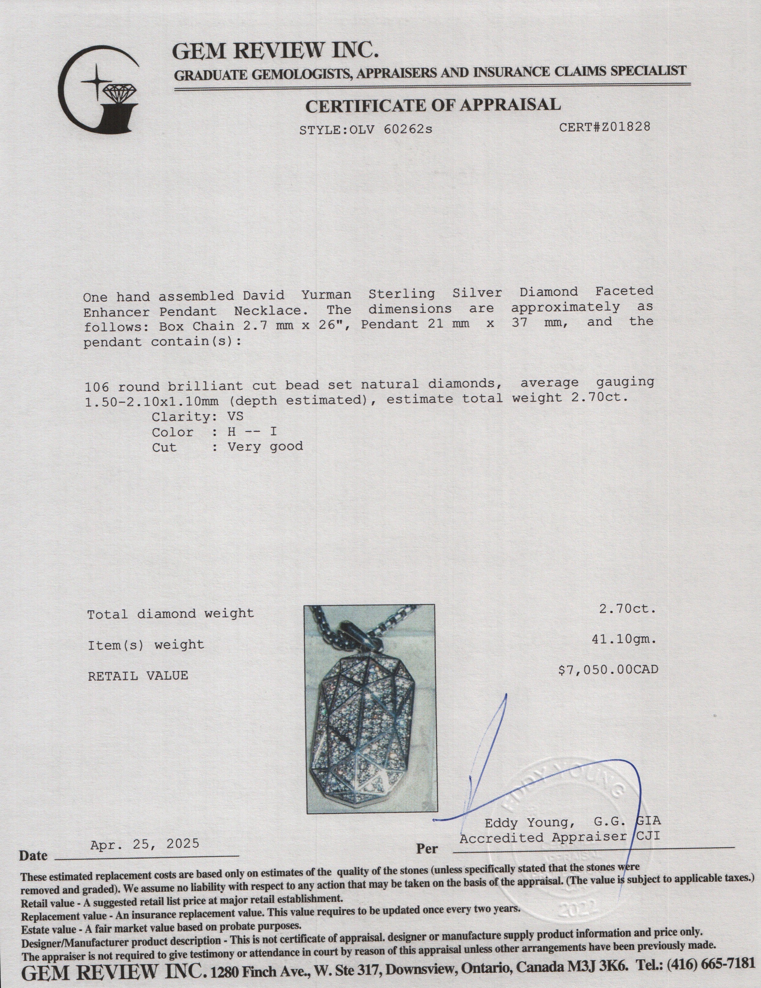 David Yurman Sterling Silver Diamond Faceted Enhancer Pendant Necklace