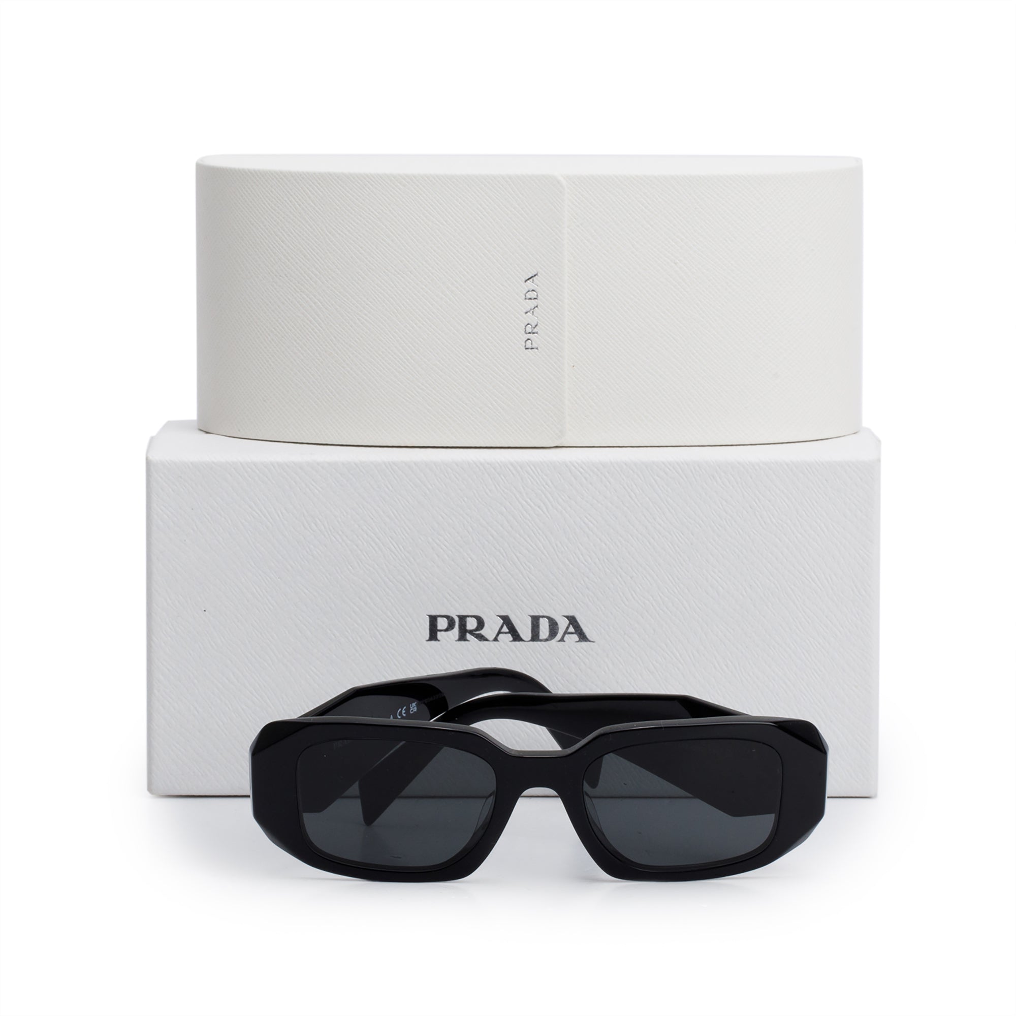 Prada SPR 17W Black Acetate Symbole Rectangular Sunglasses w/ Box & Case