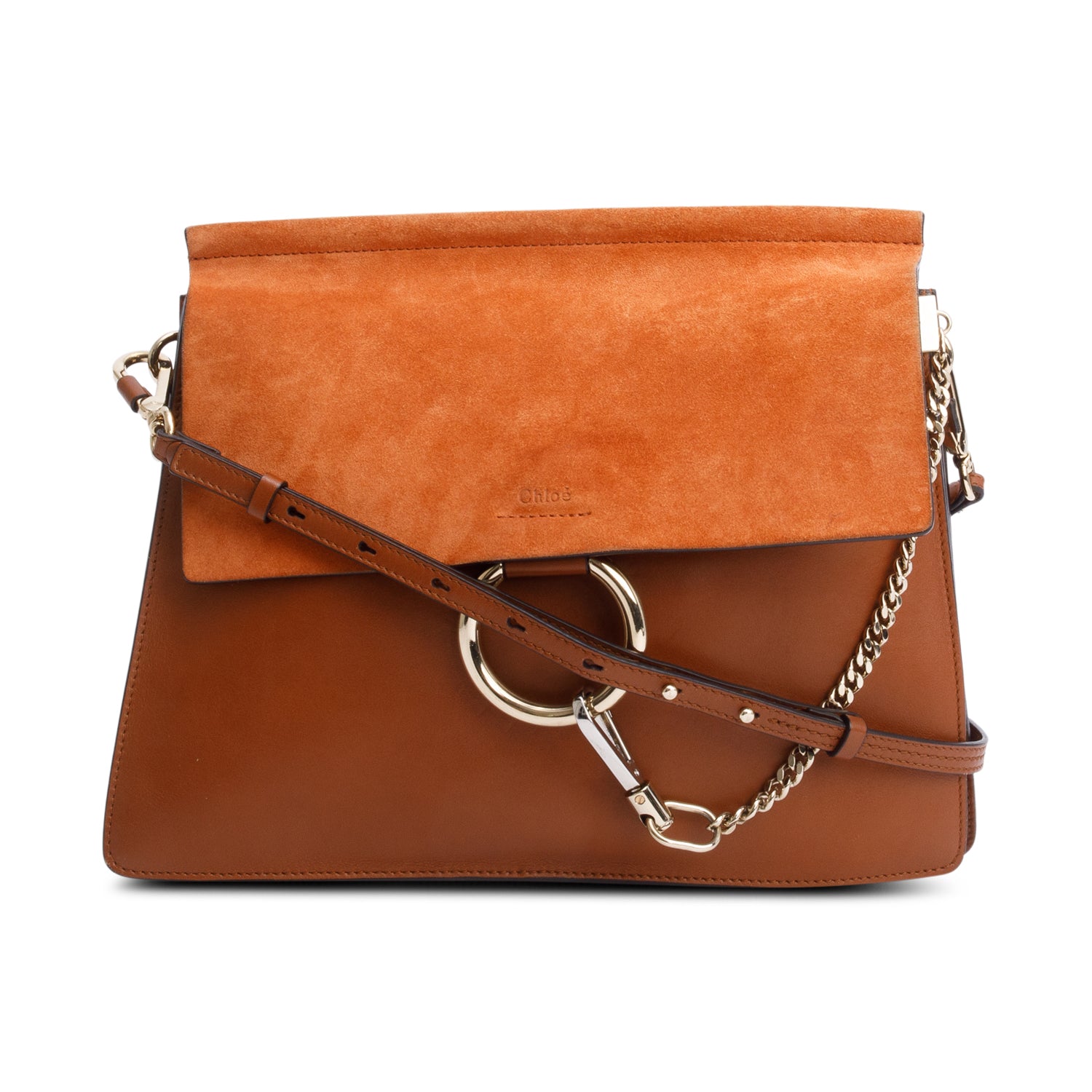 Chloe Brown Calfskin Leather Suede Trim Medium Faye Shoulder Bag