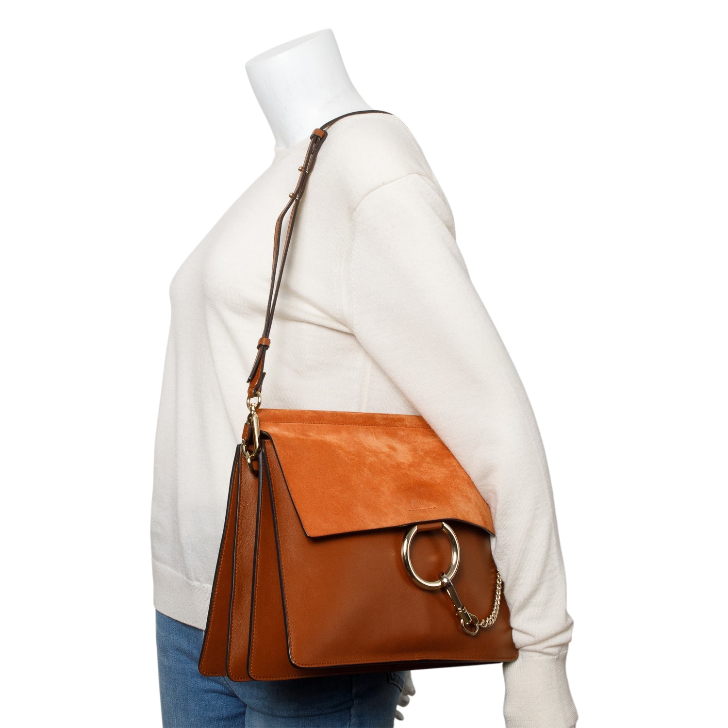 Chloe Brown Calfskin Leather Suede Trim Medium Faye Shoulder Bag