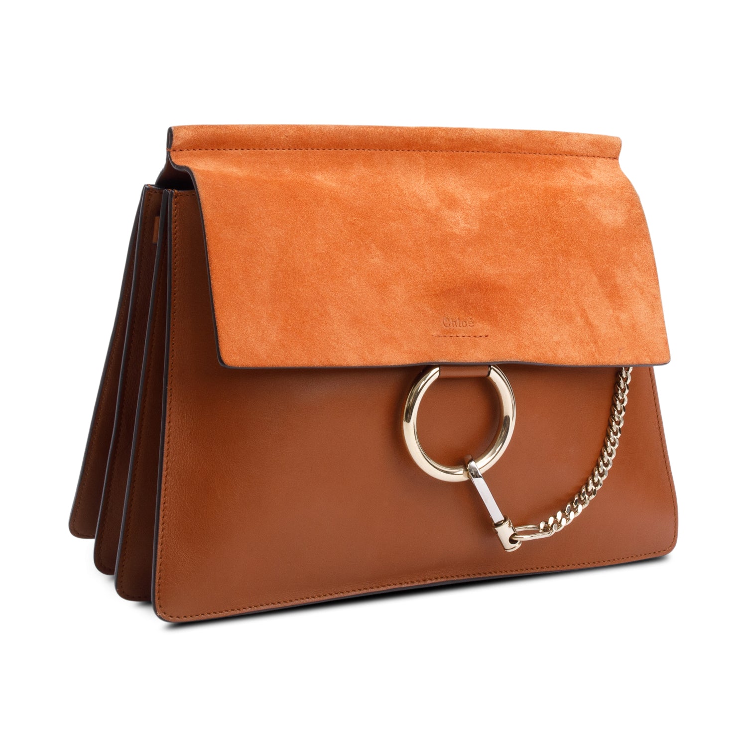 Chloe Brown Calfskin Leather Suede Trim Medium Faye Shoulder Bag
