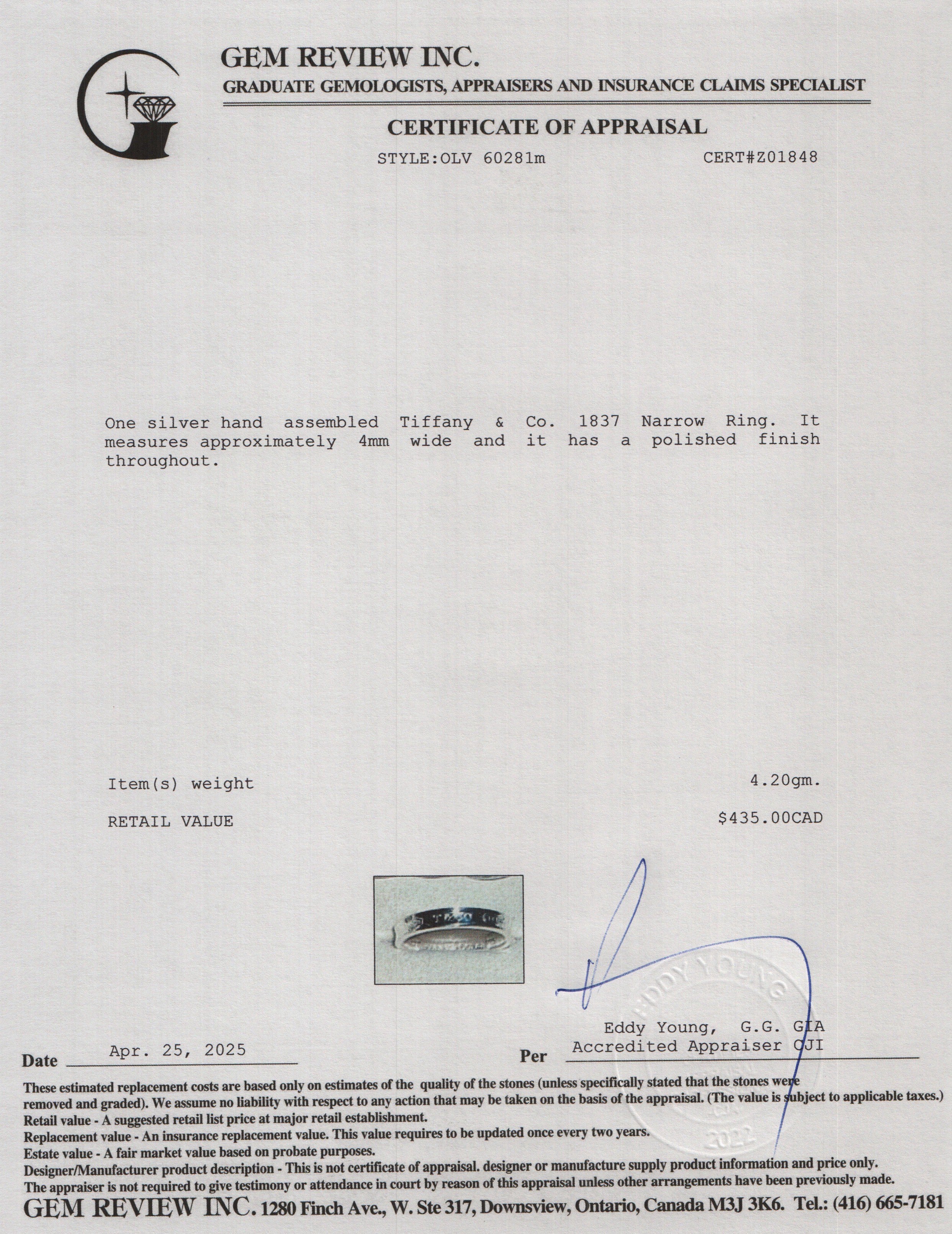 Tiffany & Co. Sterling Silver 1837 Narrow Ring, Size 6