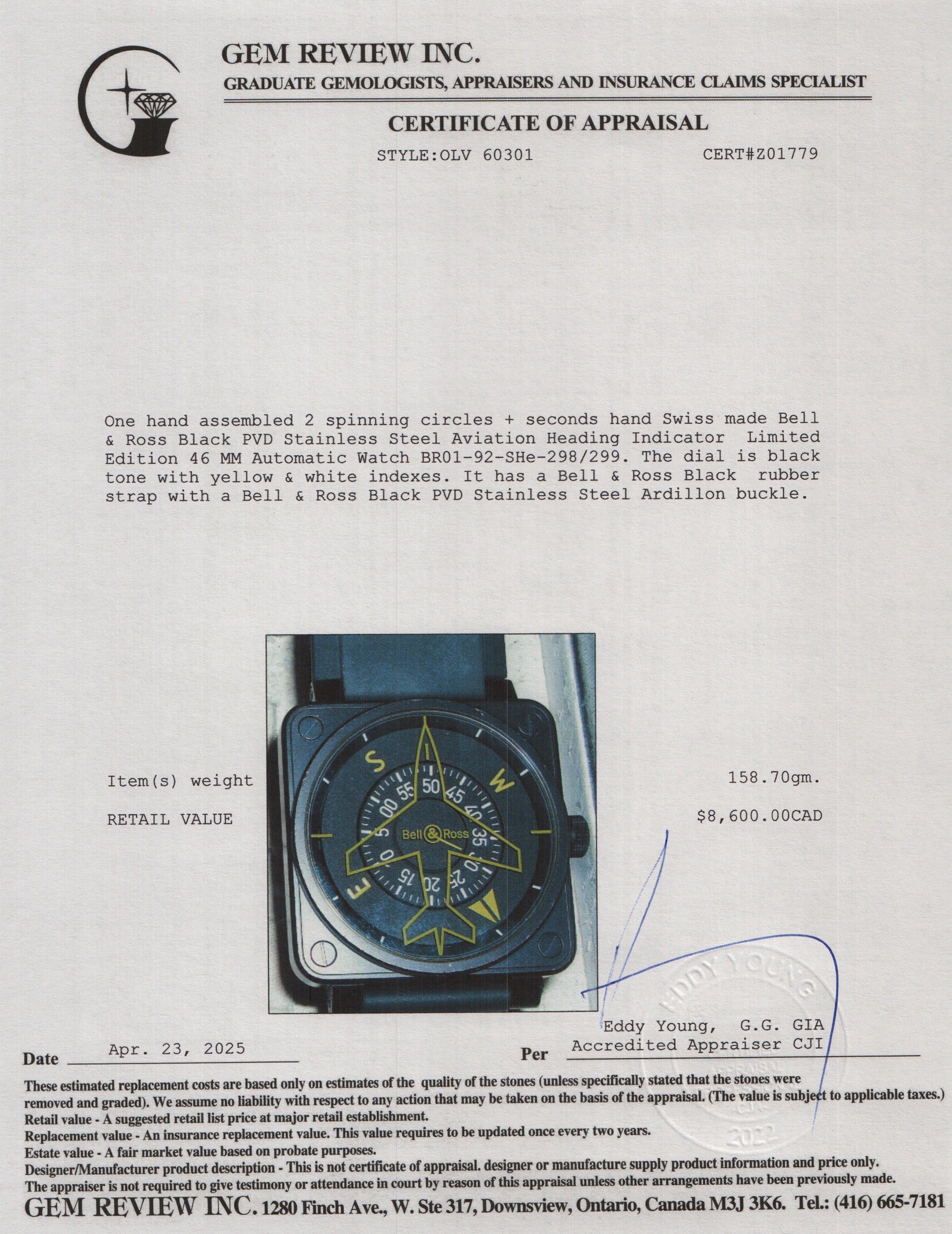 Bell & Ross Black PVD Stainless Steel Aviation Heading Indicator Limited Edition 46 MM Automatic Watch BR01-92