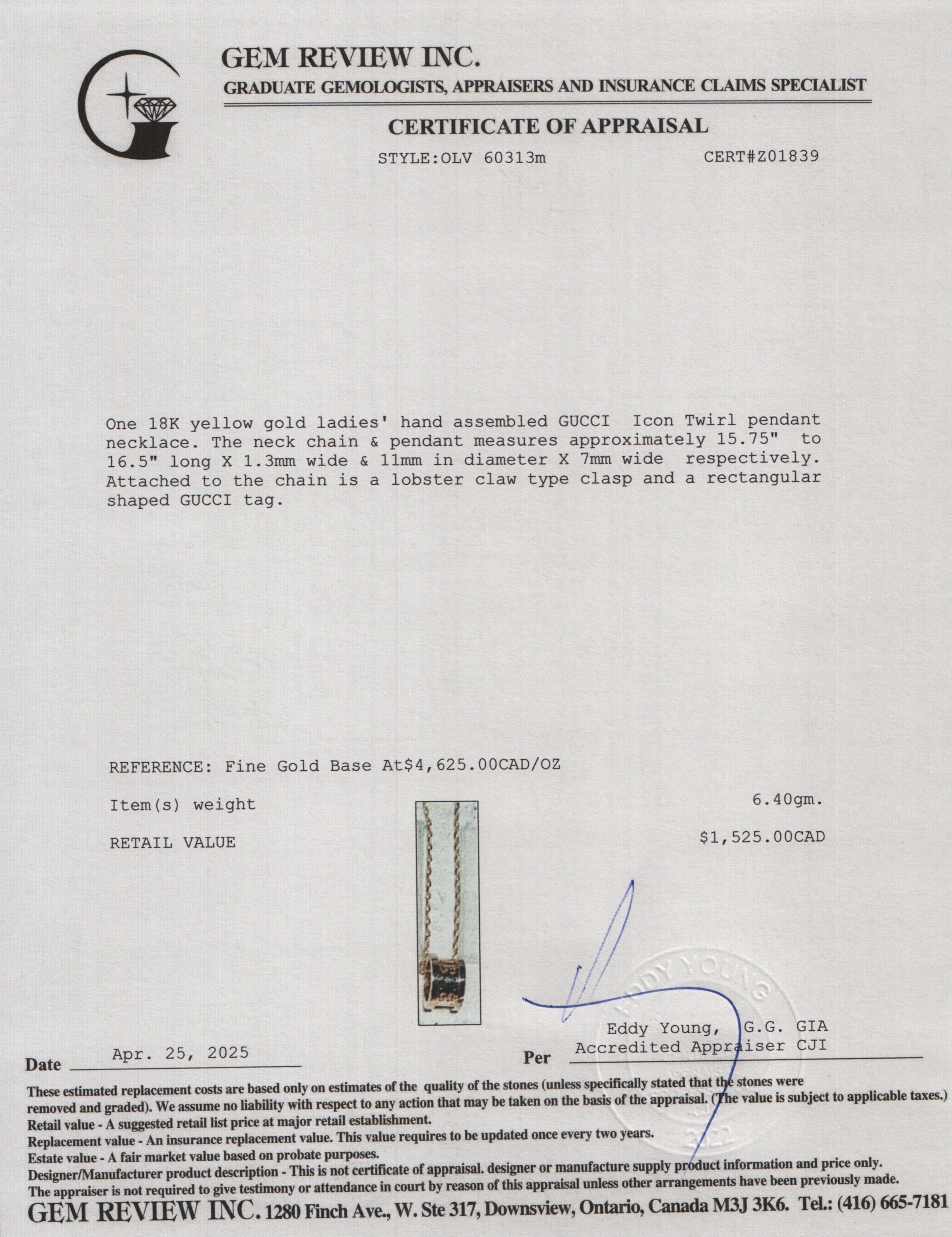 Gucci 18k Yellow Gold Icon Pendant Necklace w/ Box