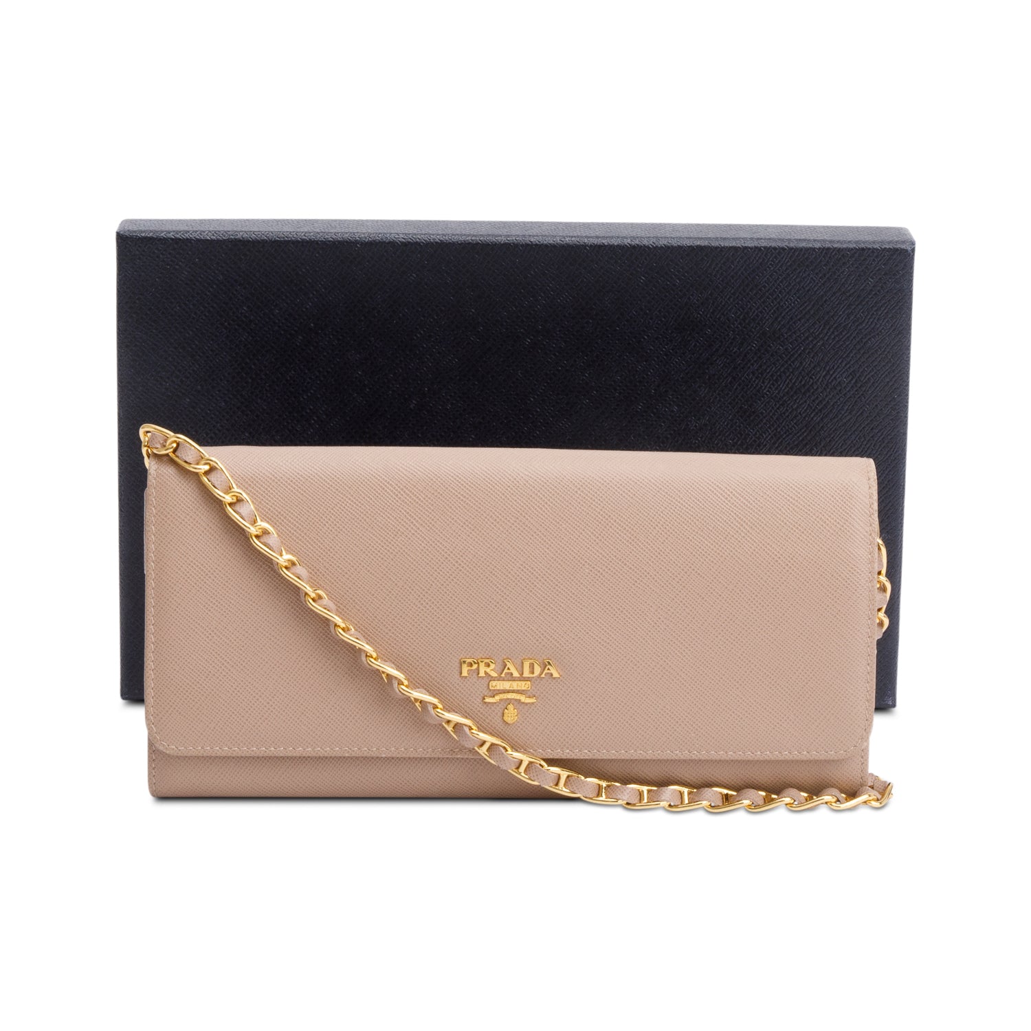 Prada Beige Saffiano Metal Continental Wallet on Chain w/ Box, Receipt & Authenticity Card