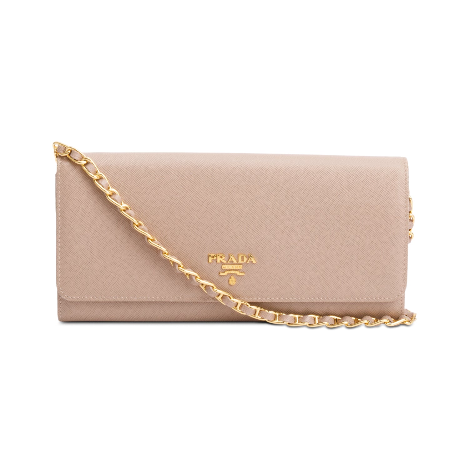 Prada Beige Saffiano Metal Continental Wallet on Chain w/ Box, Receipt & Authenticity Card