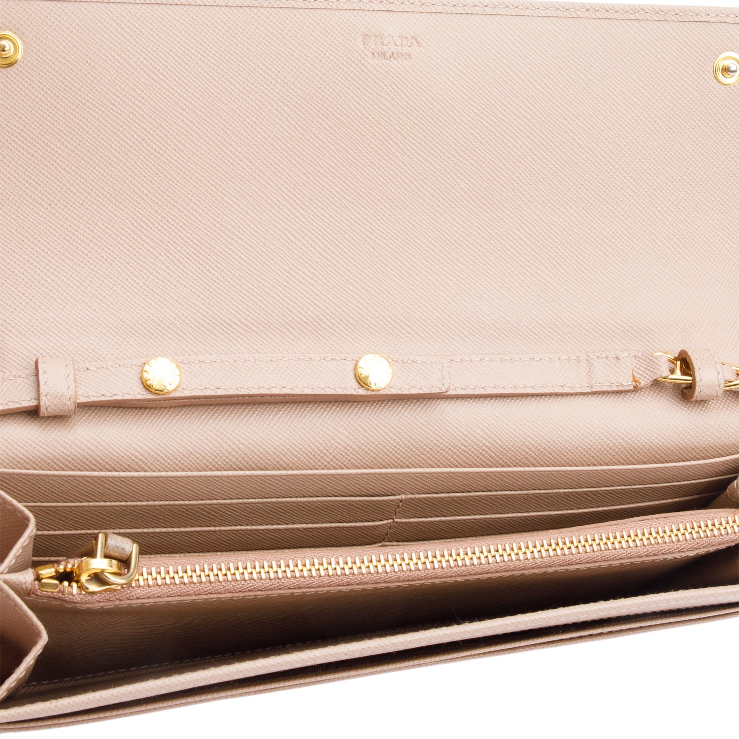 Prada Beige Saffiano Metal Continental Wallet on Chain w/ Box, Receipt & Authenticity Card