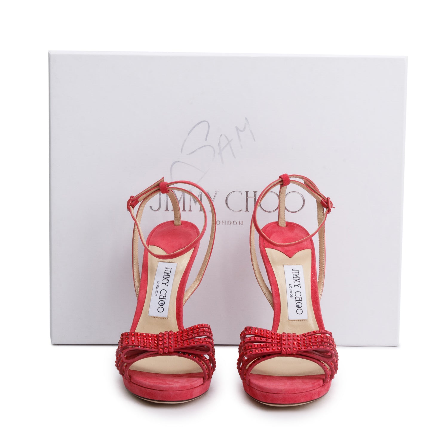 Jimmy Choo Red Suede Crystal Embellished Kaite 120 Slingback Platform Sandals, Size 38 w/ Box
