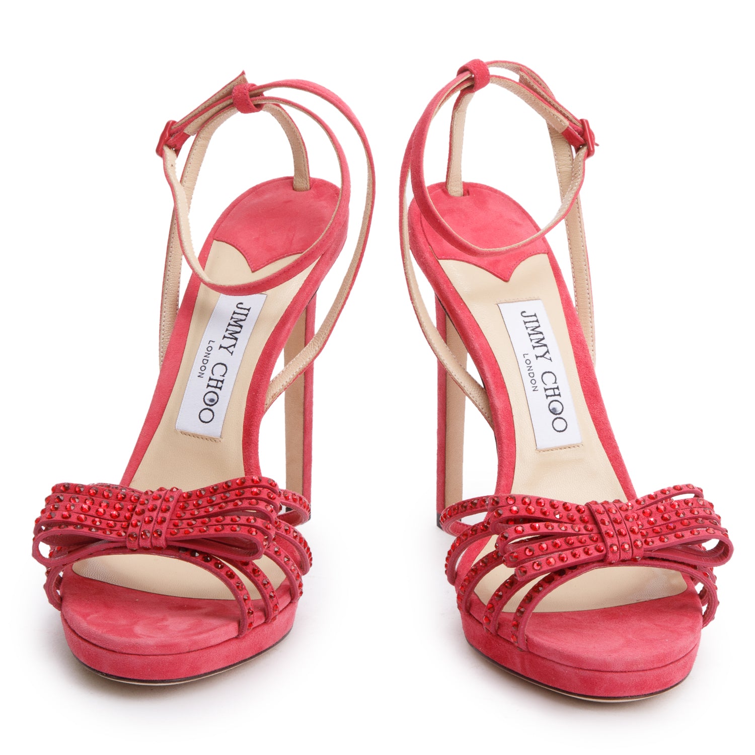 Jimmy Choo Red Suede Crystal Embellished Kaite 120 Slingback Platform Sandals, Size 38 w/ Box