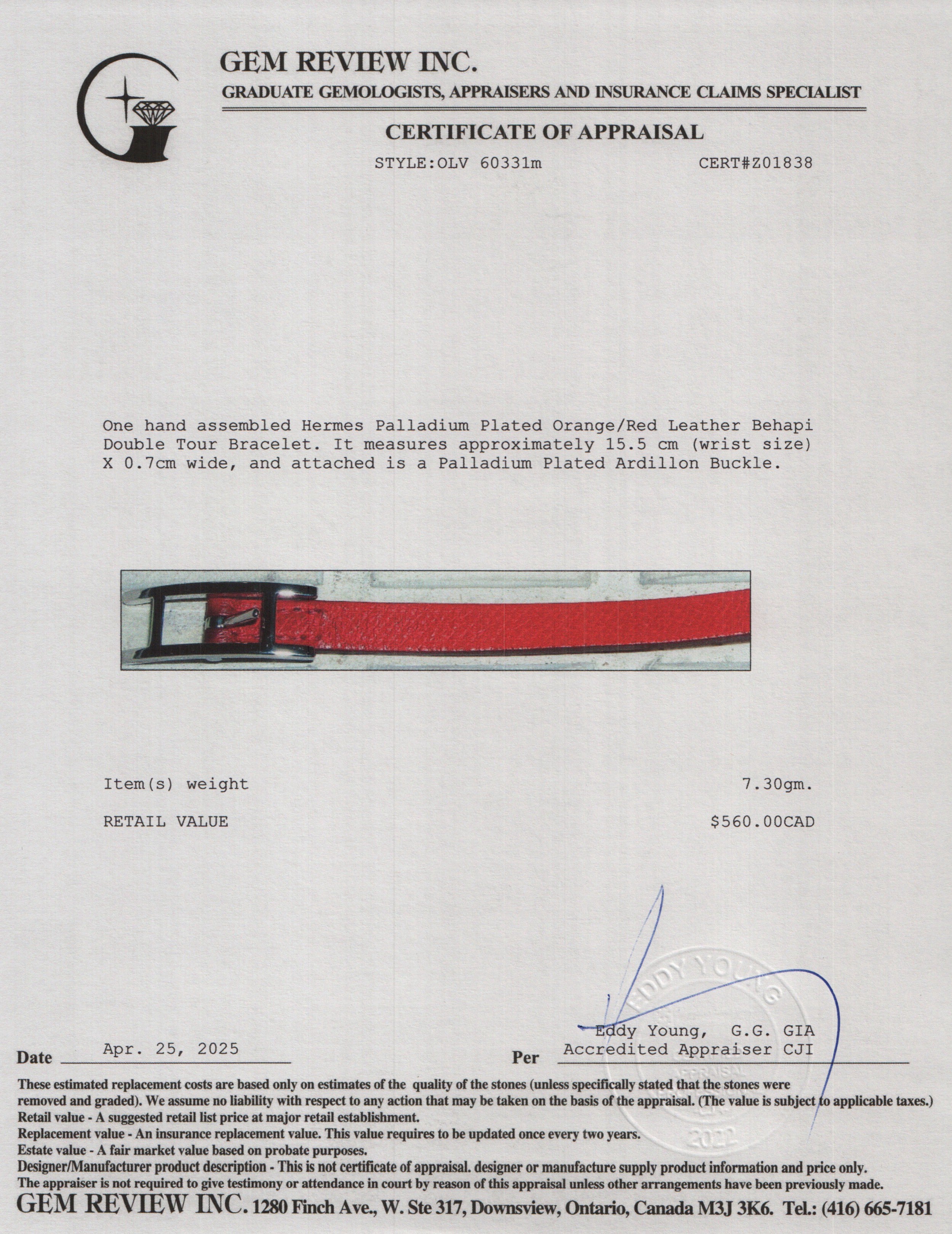 Hermes Palladium Plated Orange/Red Leather Behapi Double Tour Bracelet, Size S w/ Box