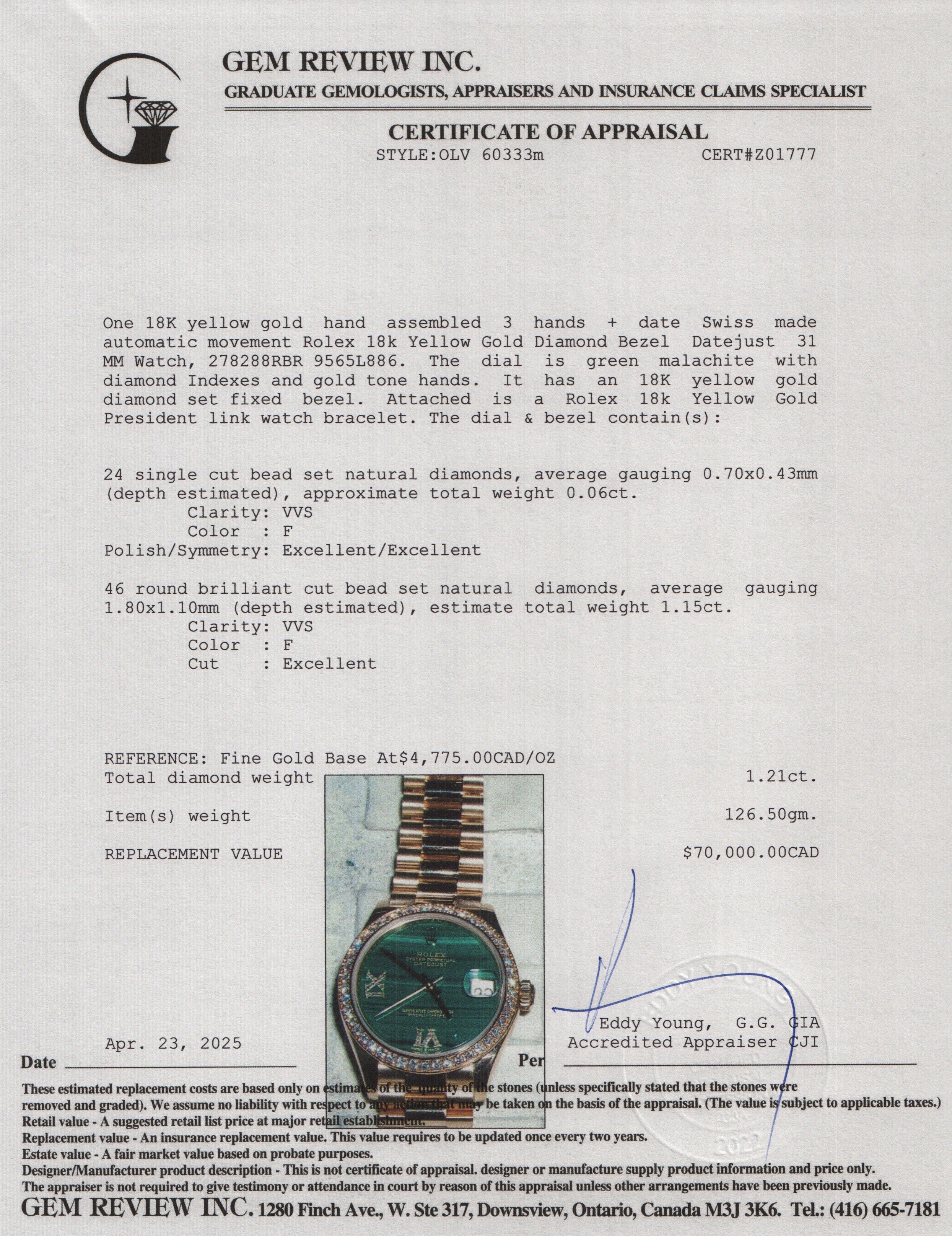 Rolex 18k Yellow Gold Diamond Bezel Datejust 31 MM Watch Malachite Diamond Dial 278288RBR w/ Box & Papers