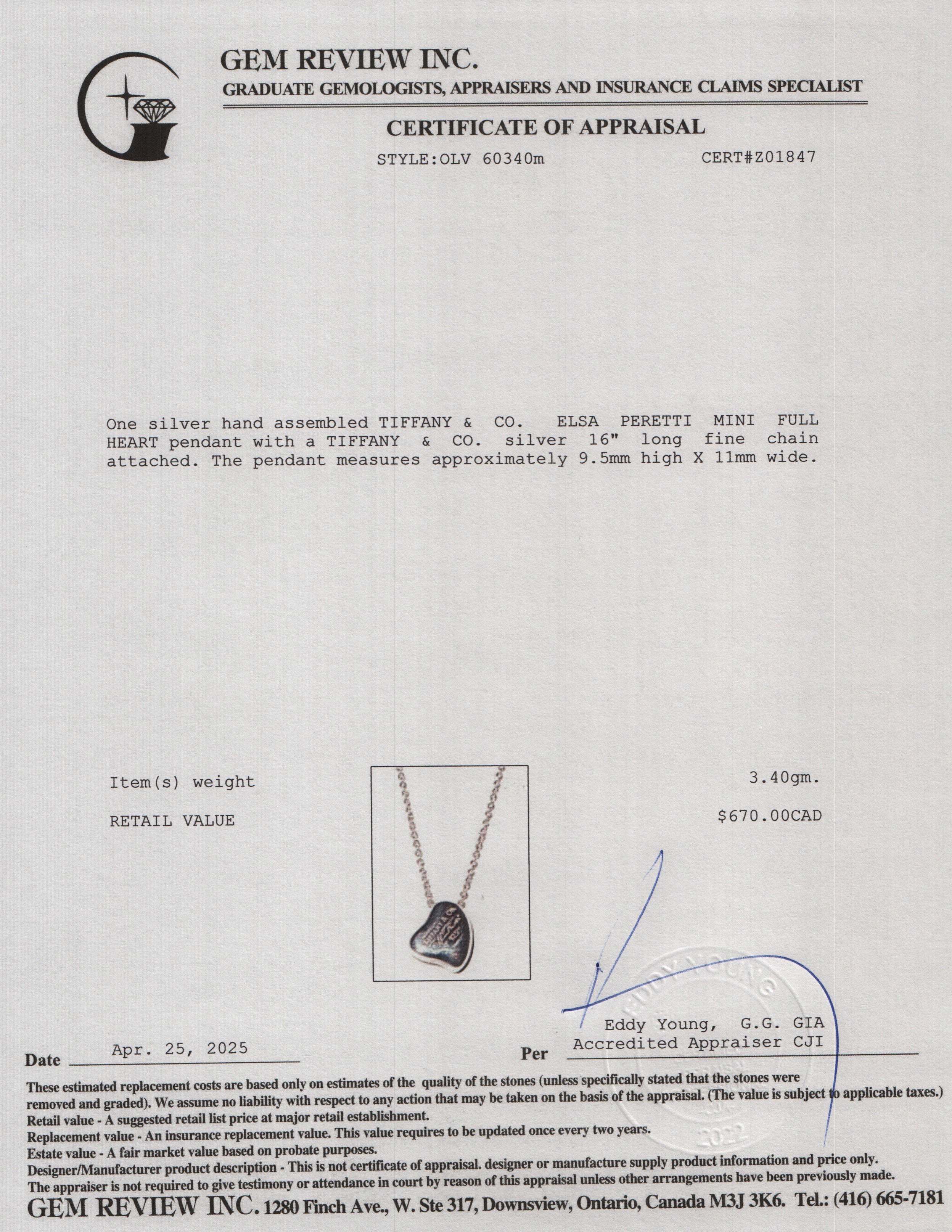 Tiffany & Co. Elsa Peretti Sterling Silver Full Heart Pendant Necklace