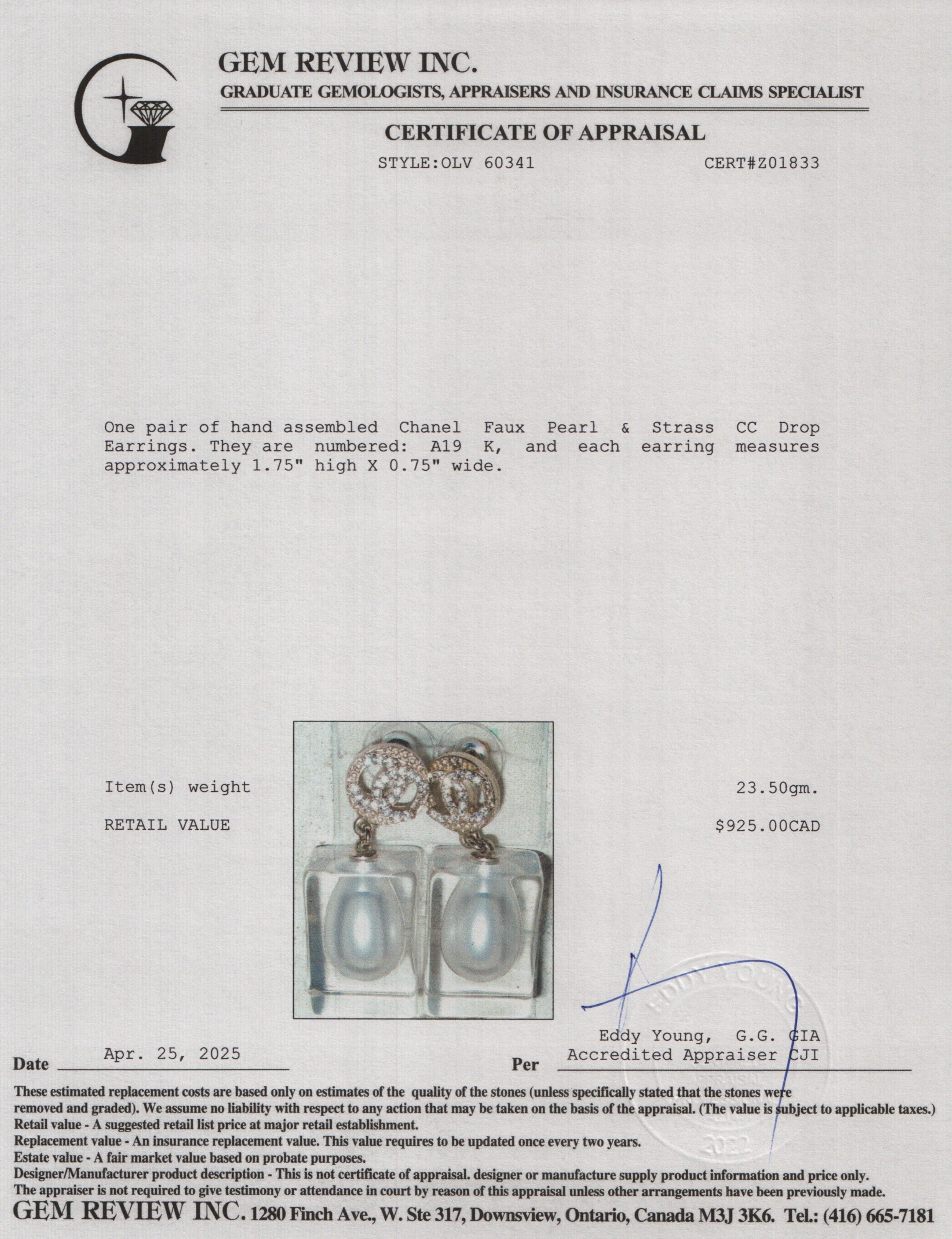 Chanel Faux Pearl & Strass CC Drop Earrings w/ Box