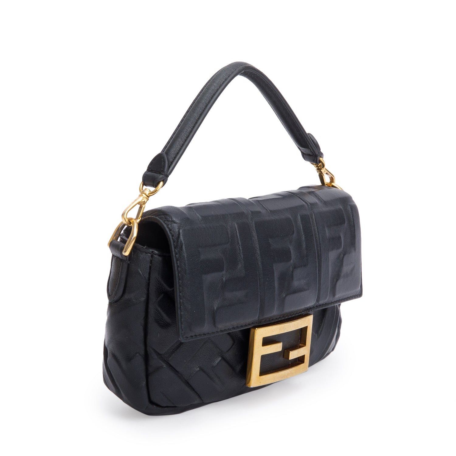 Fendi Black FF Embossed Nappa Leather Mini Be Baguette Bag w/ Straps