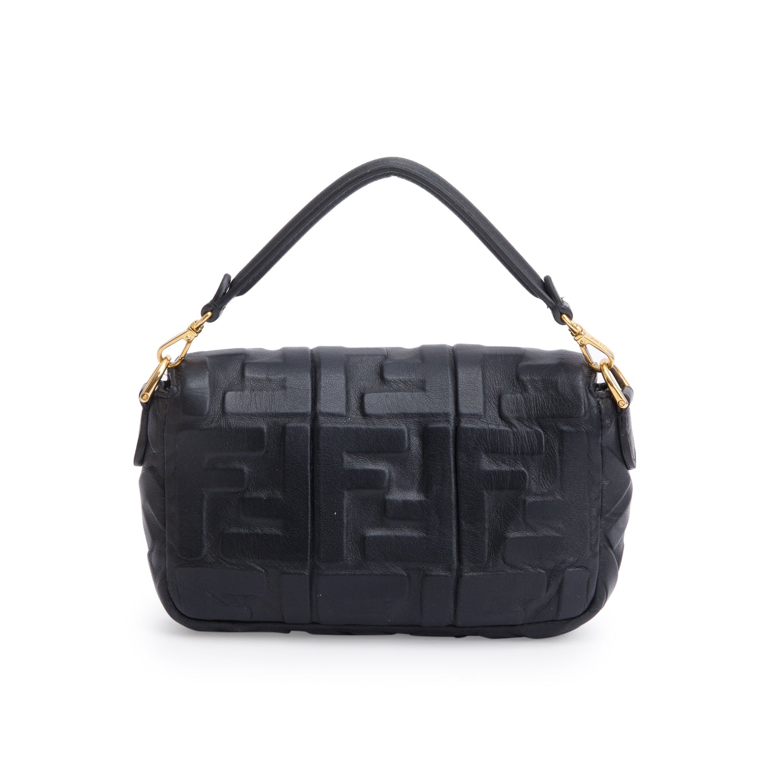 Fendi Black FF Embossed Nappa Leather Mini Be Baguette Bag w/ Straps