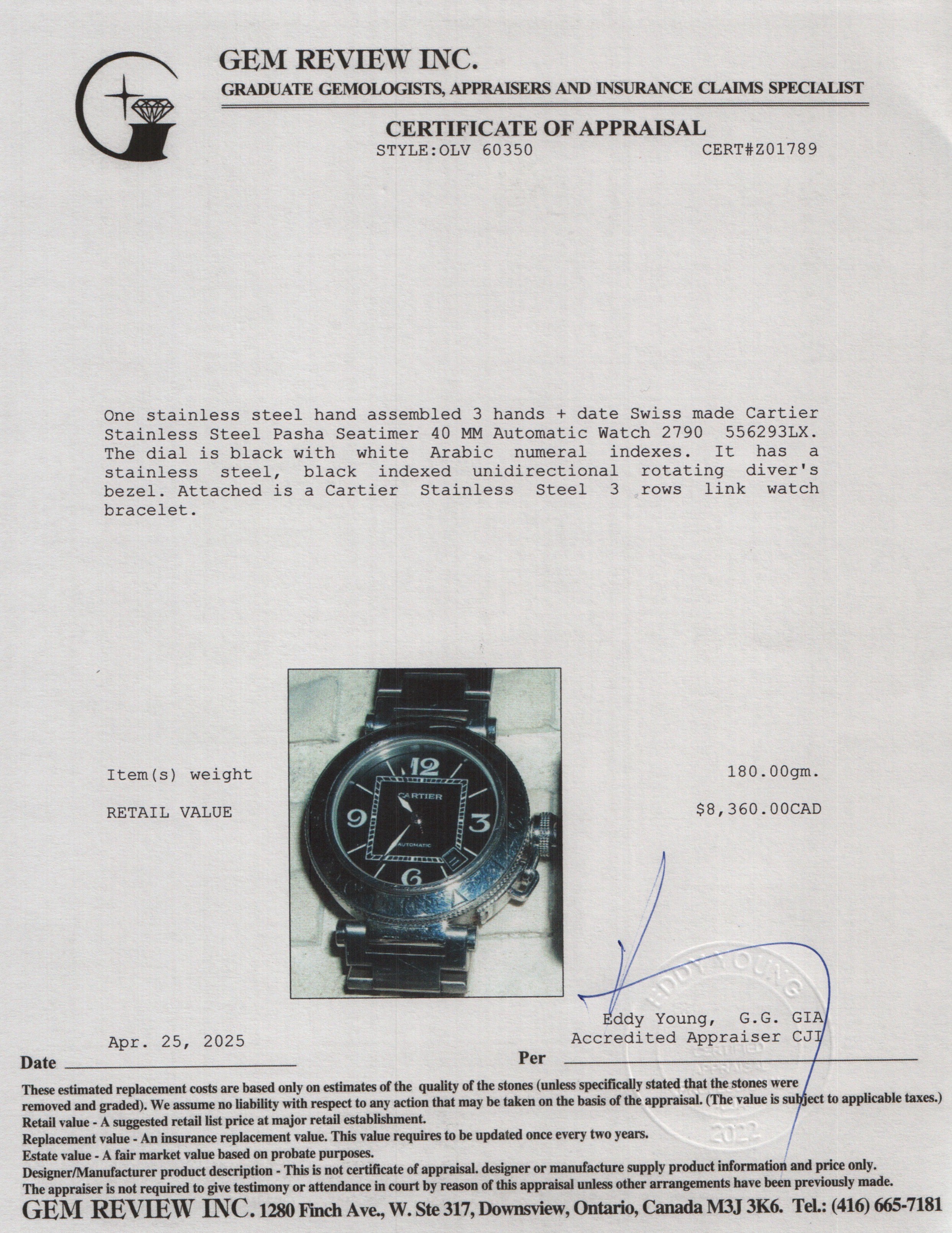 Cartier Stainless Steel Pasha Seatimer 40 MM Automatic Watch 2790