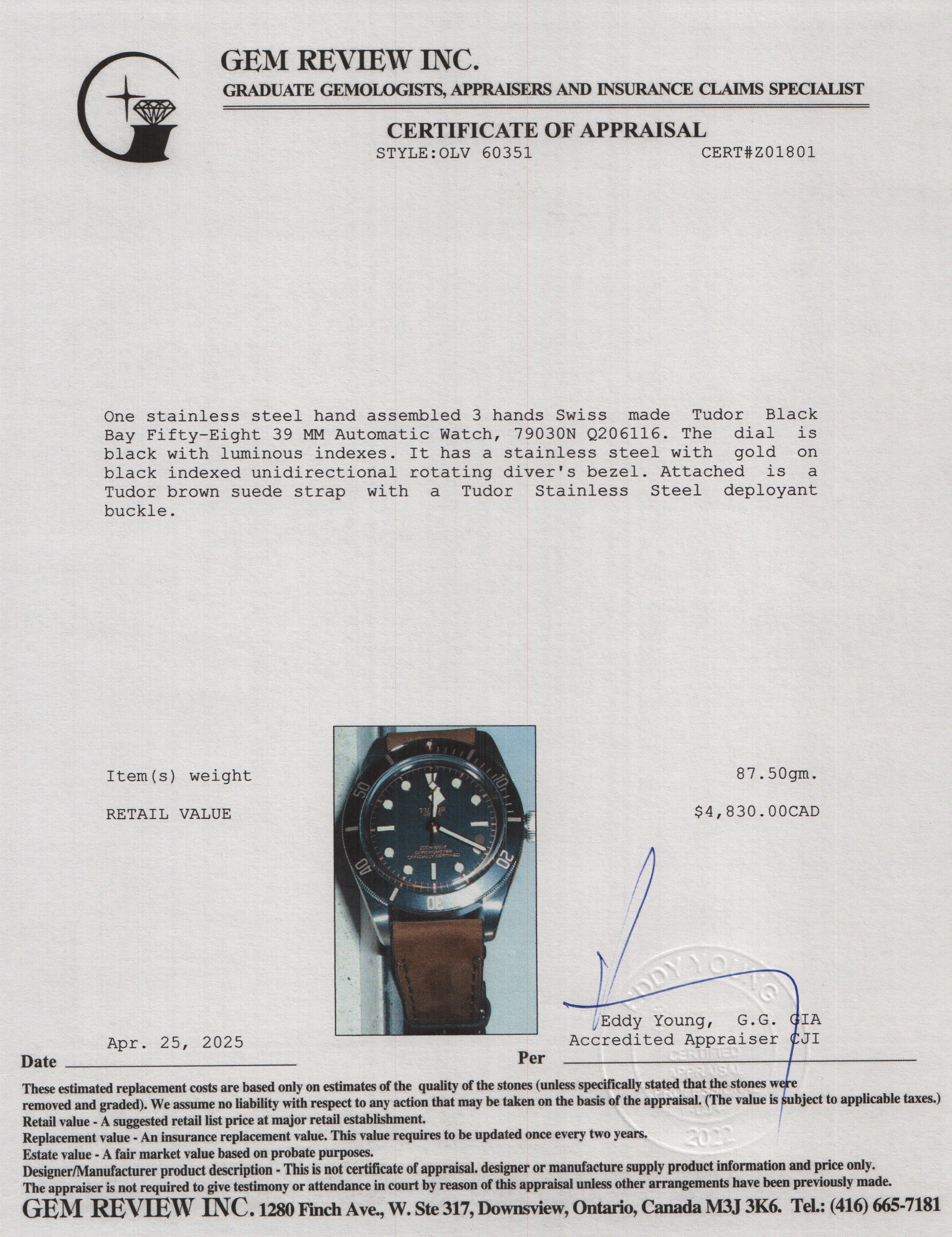 Tudor Stainless Steel Black Bay Fifty-Eight 39 MM Automatic Watch 79030N w/ Box & Papers