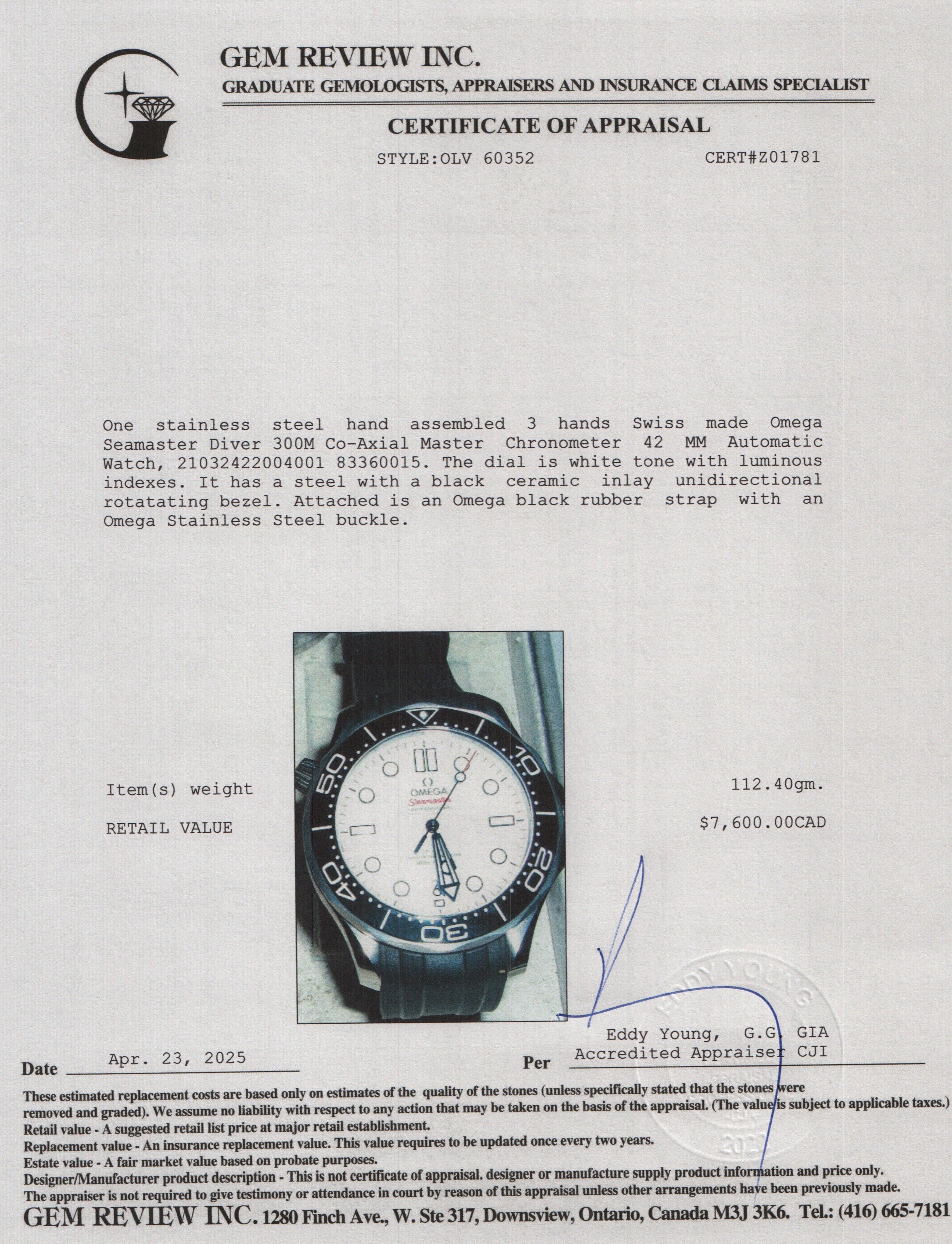 Omega Stainless Steel Seamaster Diver 300M Co-Axial Master Chronometer 42 MM Automatic Watch w/ Box & Papers