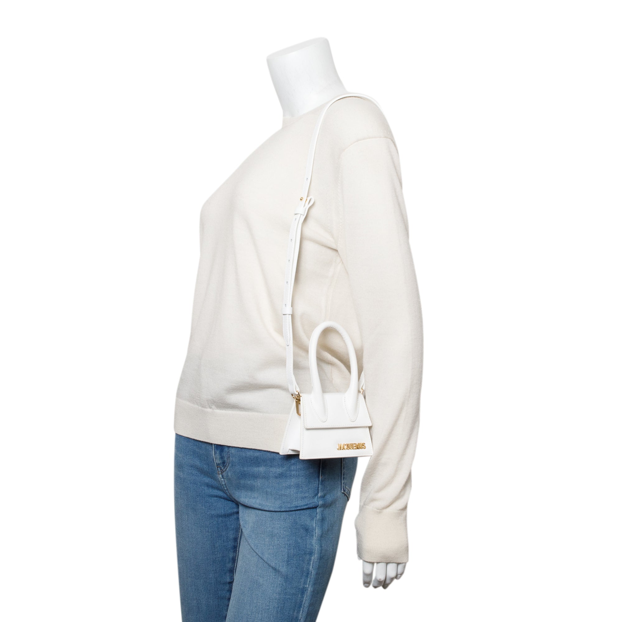 Jacquemus White Calfskin Leather Mini Signature Le Chiquito Handle Bag w/ Strap