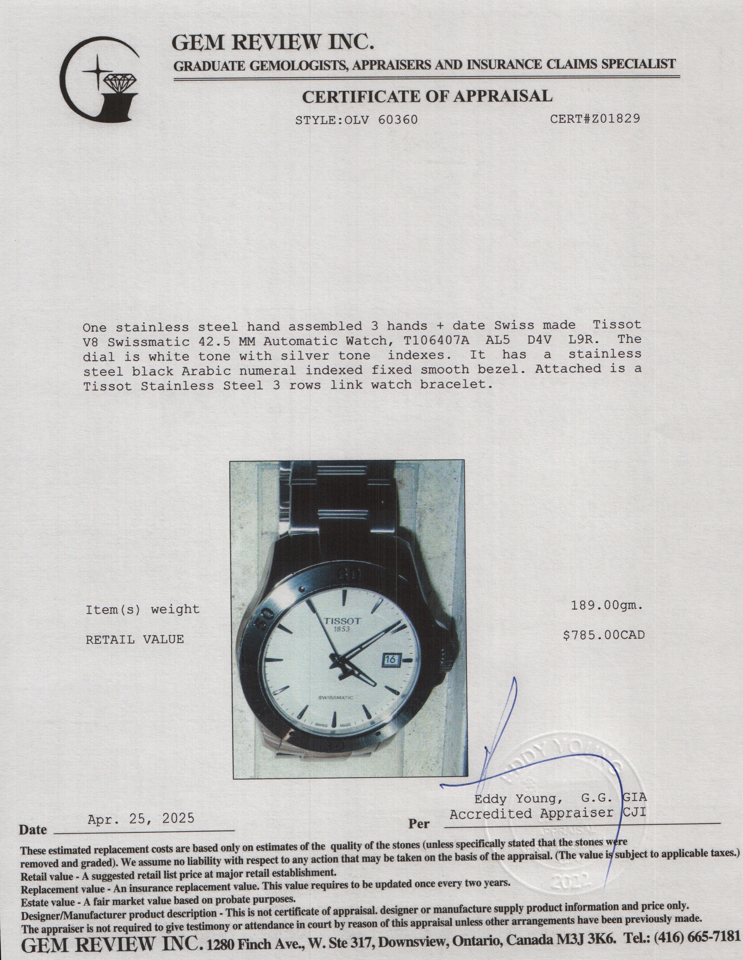 Tissot Stainless Steel V8 Swissmatic 42.5 MM Automatic Watch White Dial w/ Box