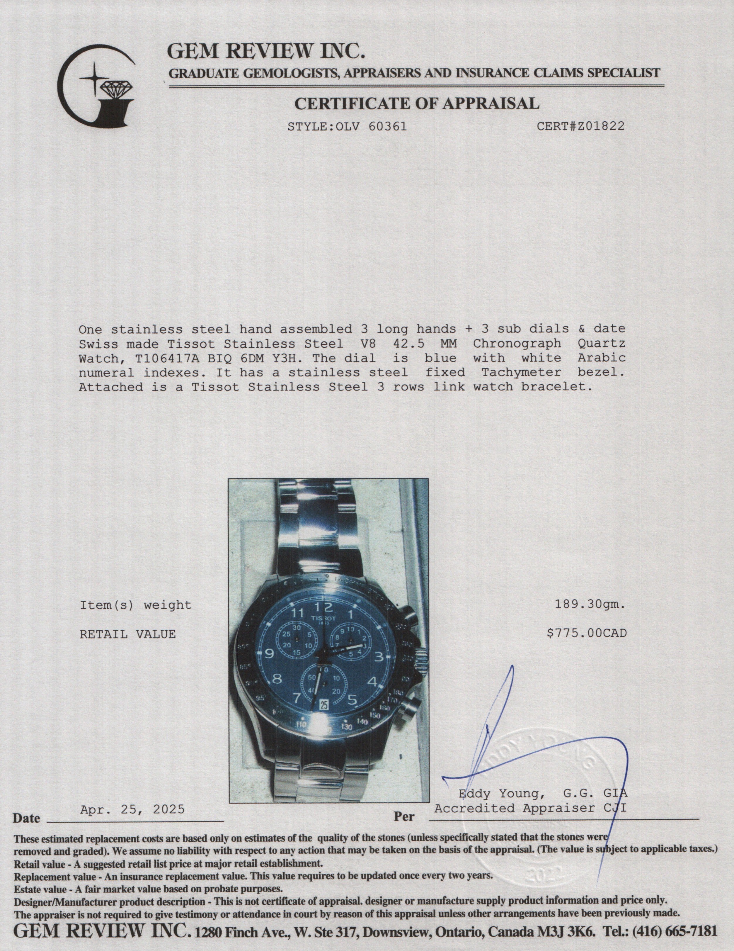 Tissot Stainless Steel V8 42.5 MM Chronograph Quartz Watch Blue Dial w/ Box