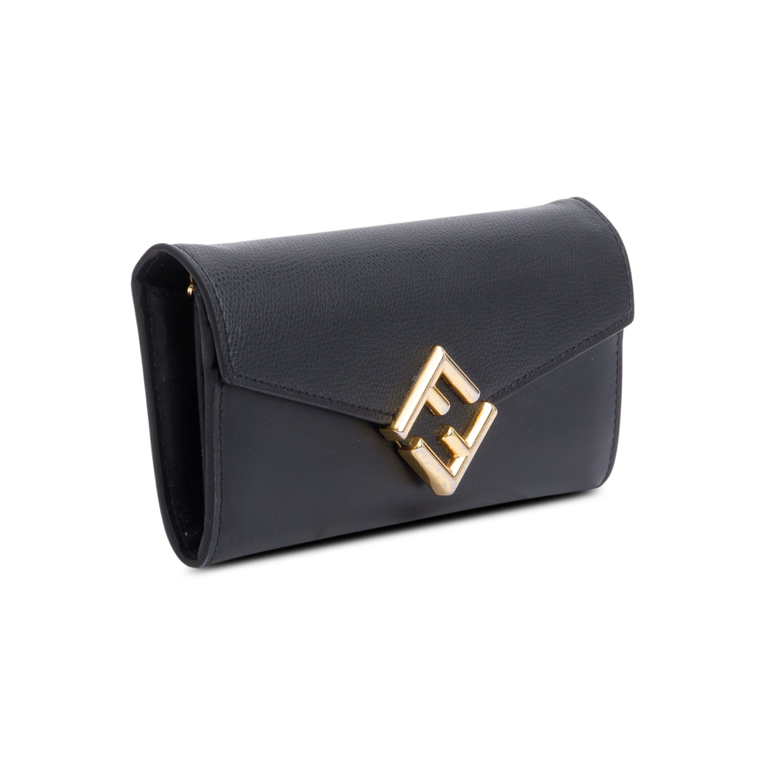 Fendi 2023 Black Leather FF Diamonds Continental Wallet on Chain