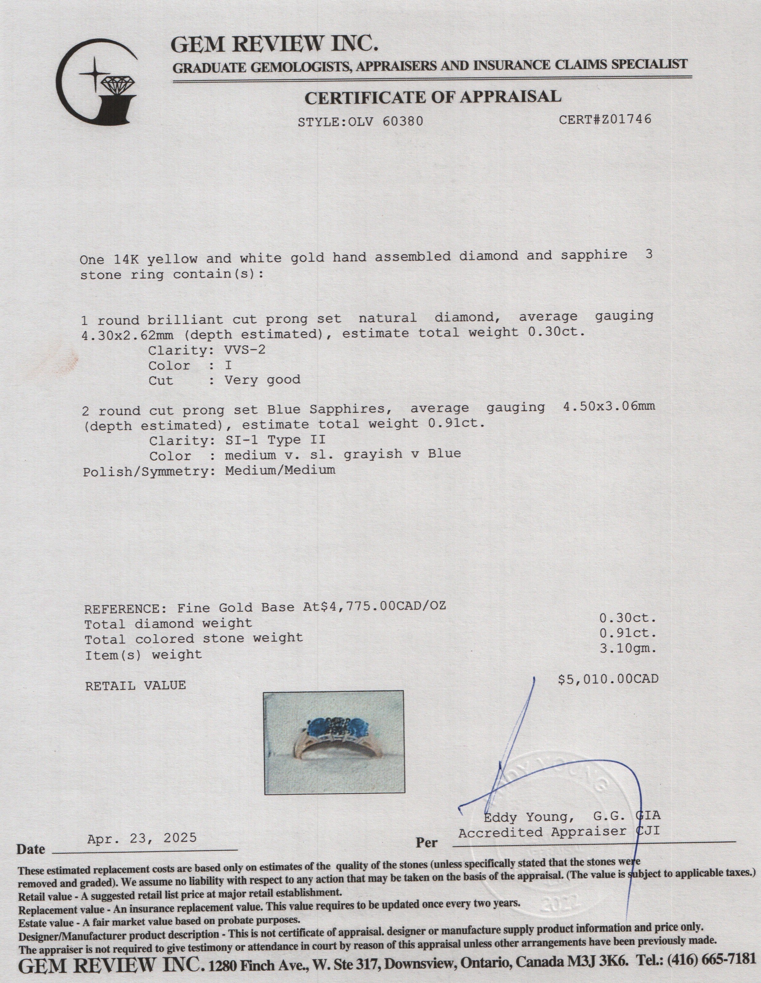 14k Yellow and White Gold Blue Sapphire & Diamond Three Stone Ring, Size 6.75