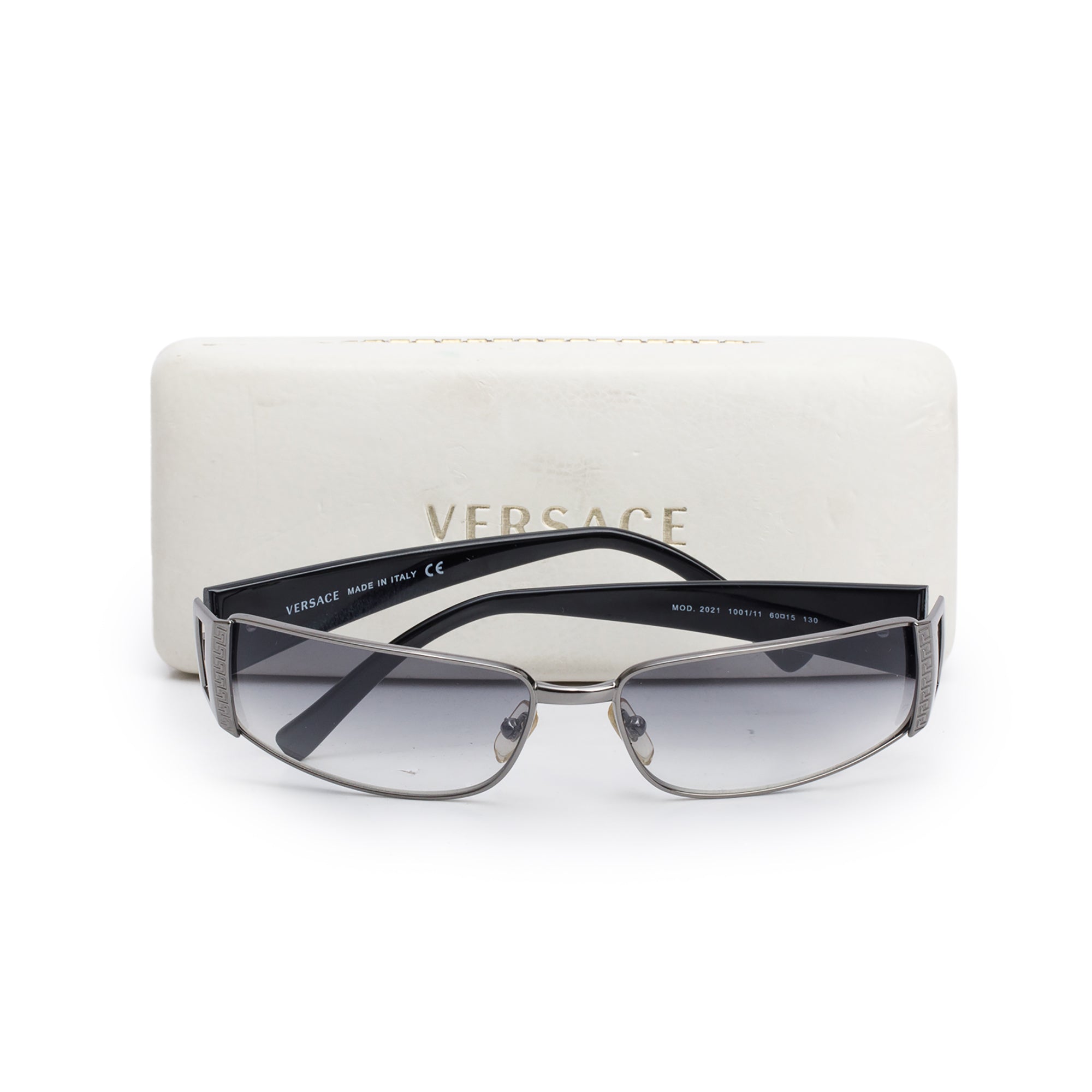 Versace 2021 Black Acetate Gun-Metal Medusa Rectangular Sunglasses w/ Case