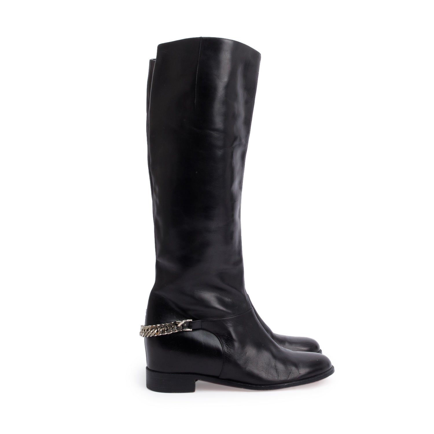 Christian Louboutin Black Calfskin Leather Cate Chain Knee High Boots, Size 38.5