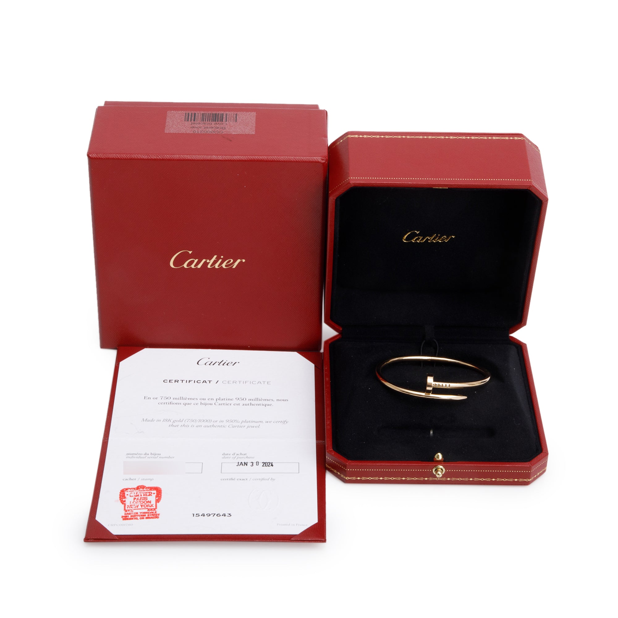 Cartier 2024 18k Yellow Gold Juste Un Clou Bracelet, Size 17 w/ Box & Certificate