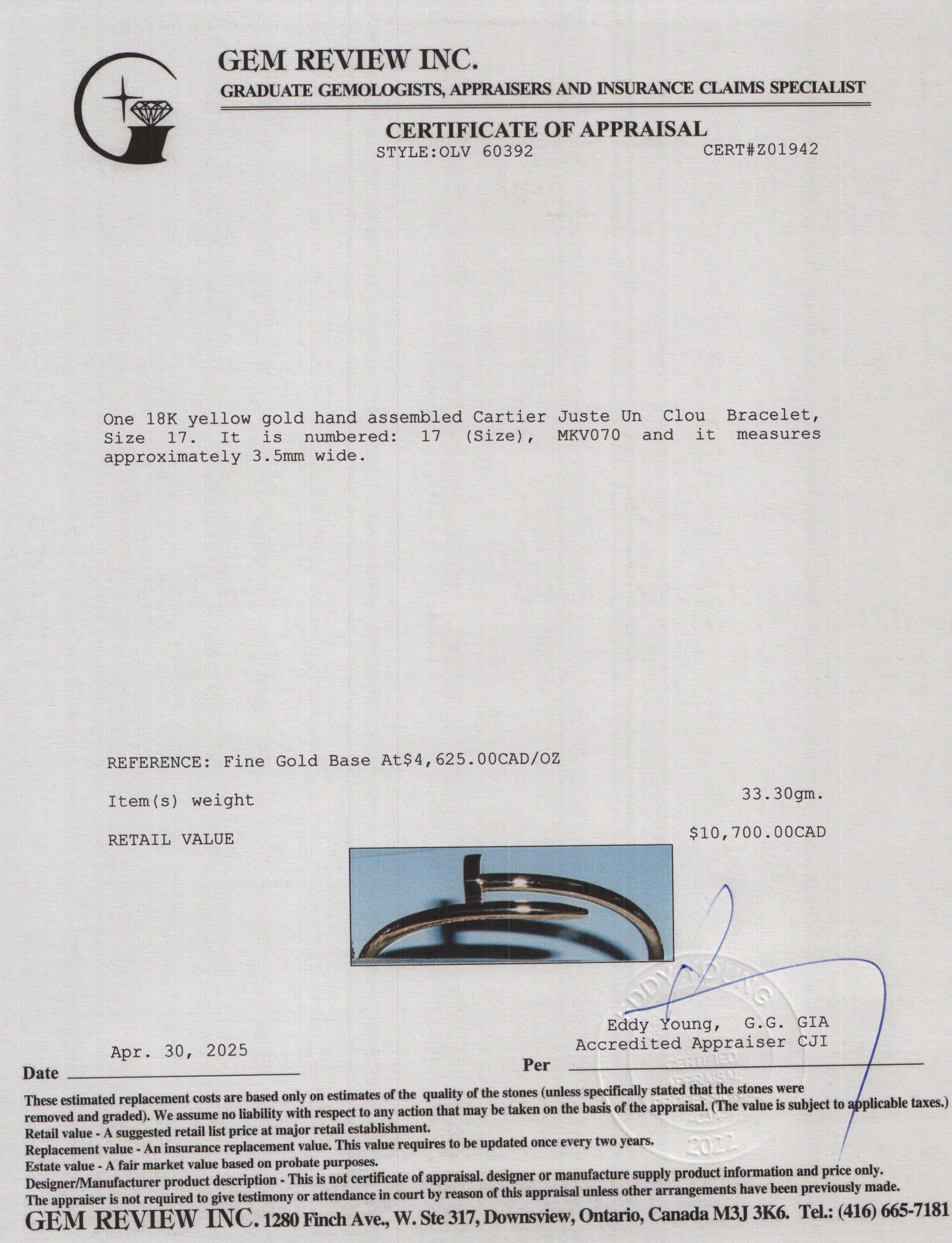 Cartier 2024 18k Yellow Gold Juste Un Clou Bracelet, Size 17 w/ Box & Certificate