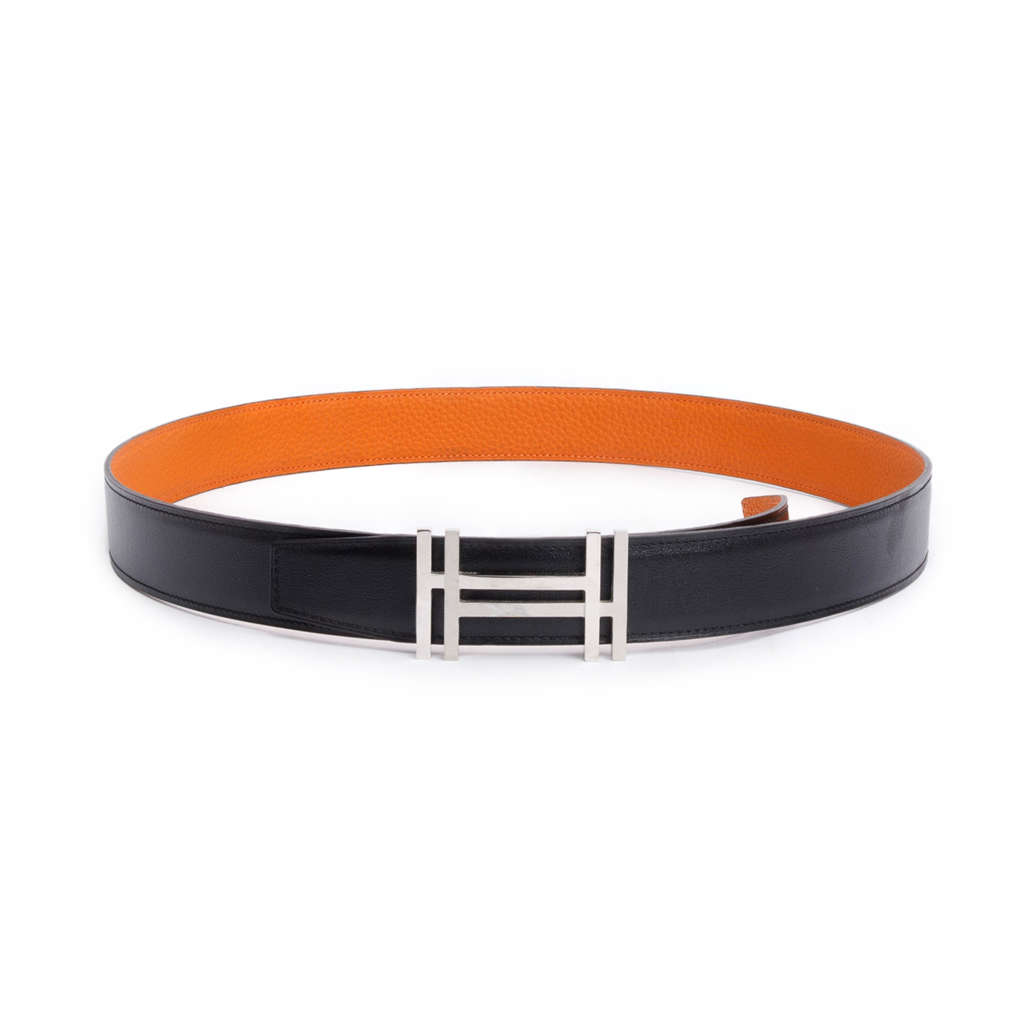 Hermes Noir/Orange Box Togo Leather Reversible 32 mm H Au Carre Belt Kit 90