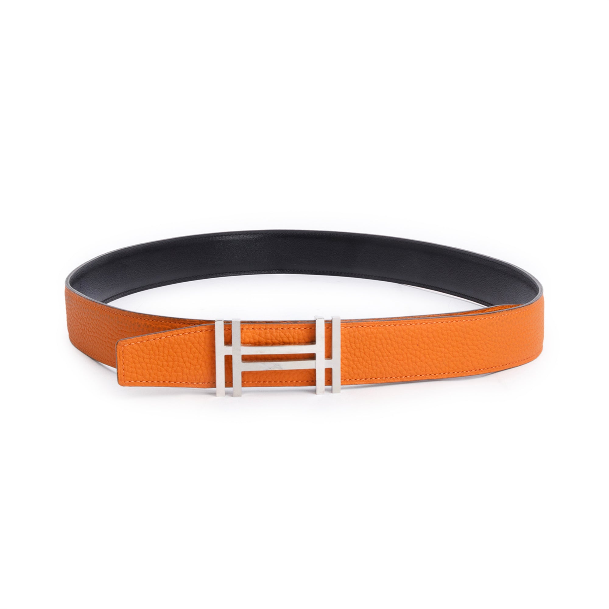 Hermes Noir/Orange Box Togo Leather Reversible 32 mm H Au Carre Belt Kit 90