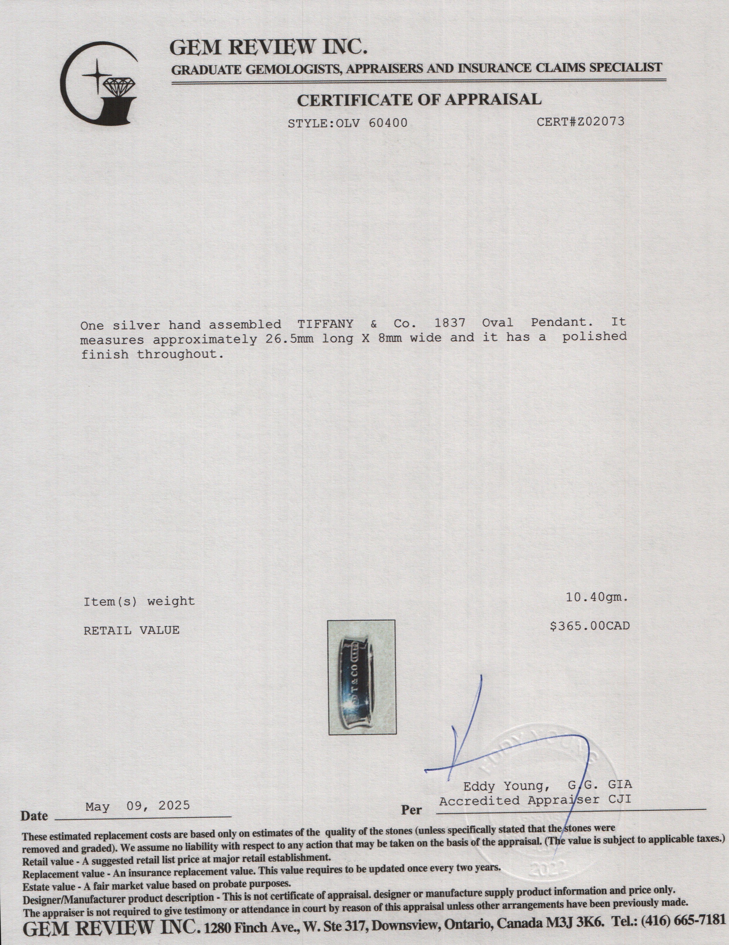 Tiffany & Co. Sterling Silver 1837 Oval Pendant