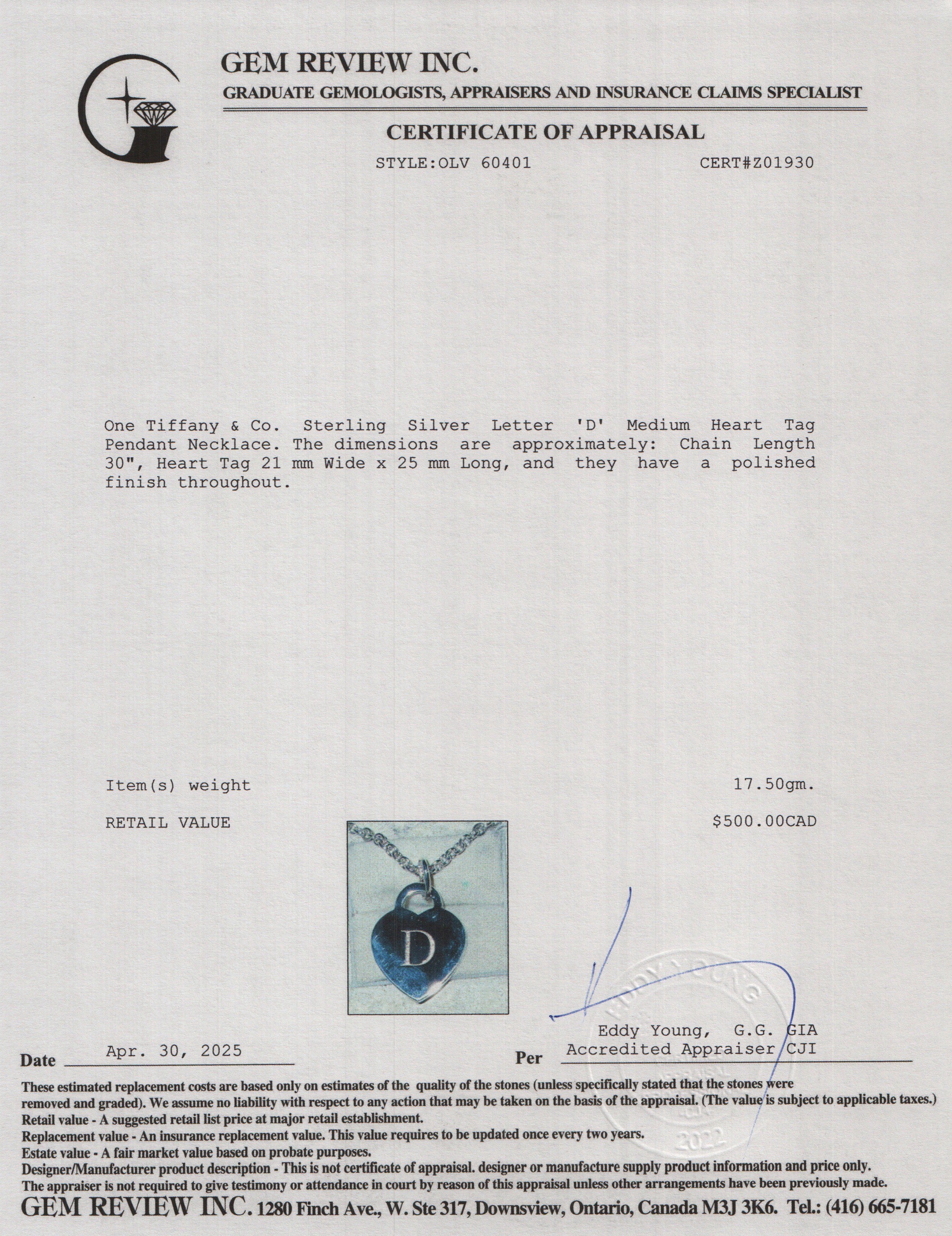 Tiffany & Co. Sterling Silver Letter 'D' Medium Heart Tag Pendant Necklace