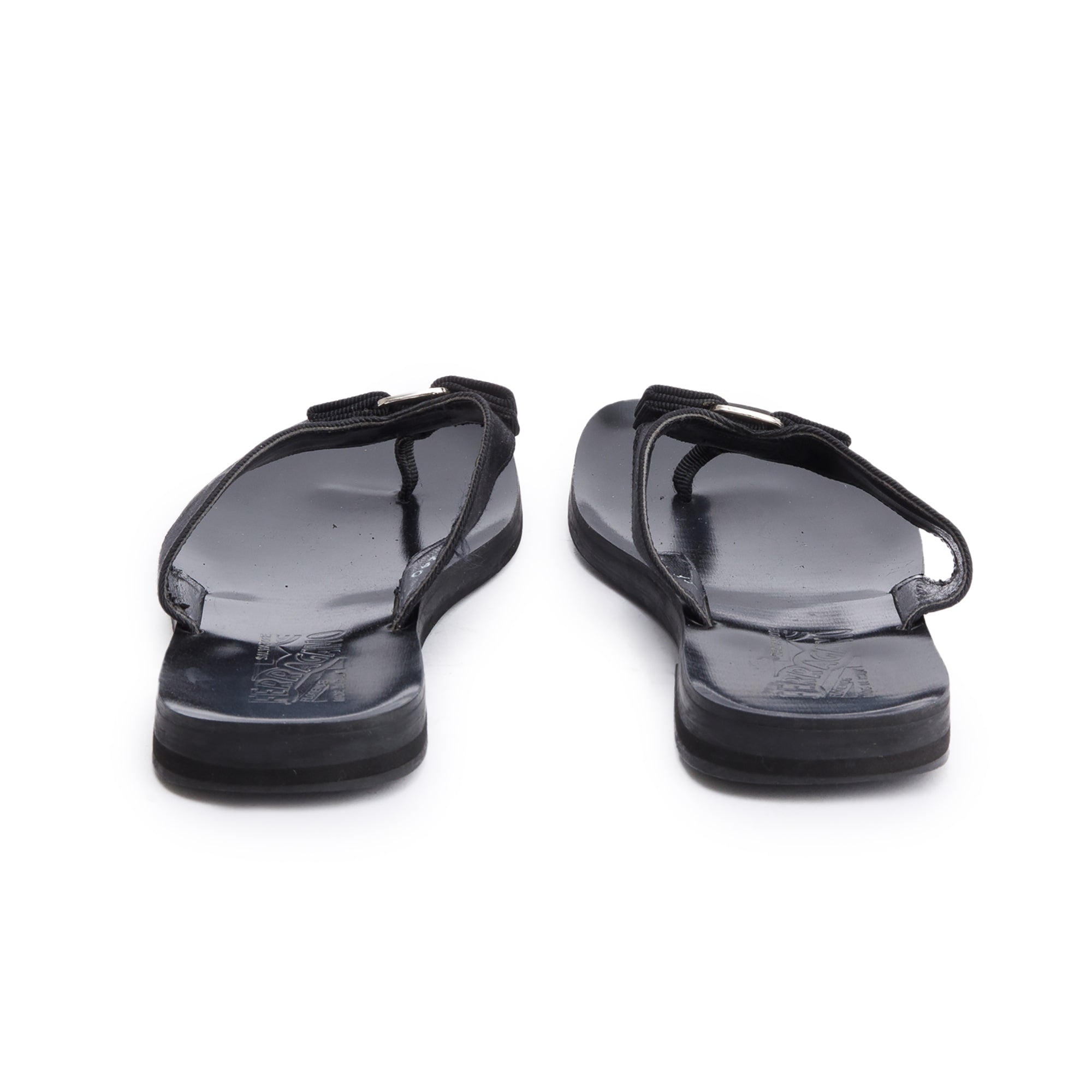 Salvatore Ferragamo Black Leather Canvas Bow Flip Flops, Size 37