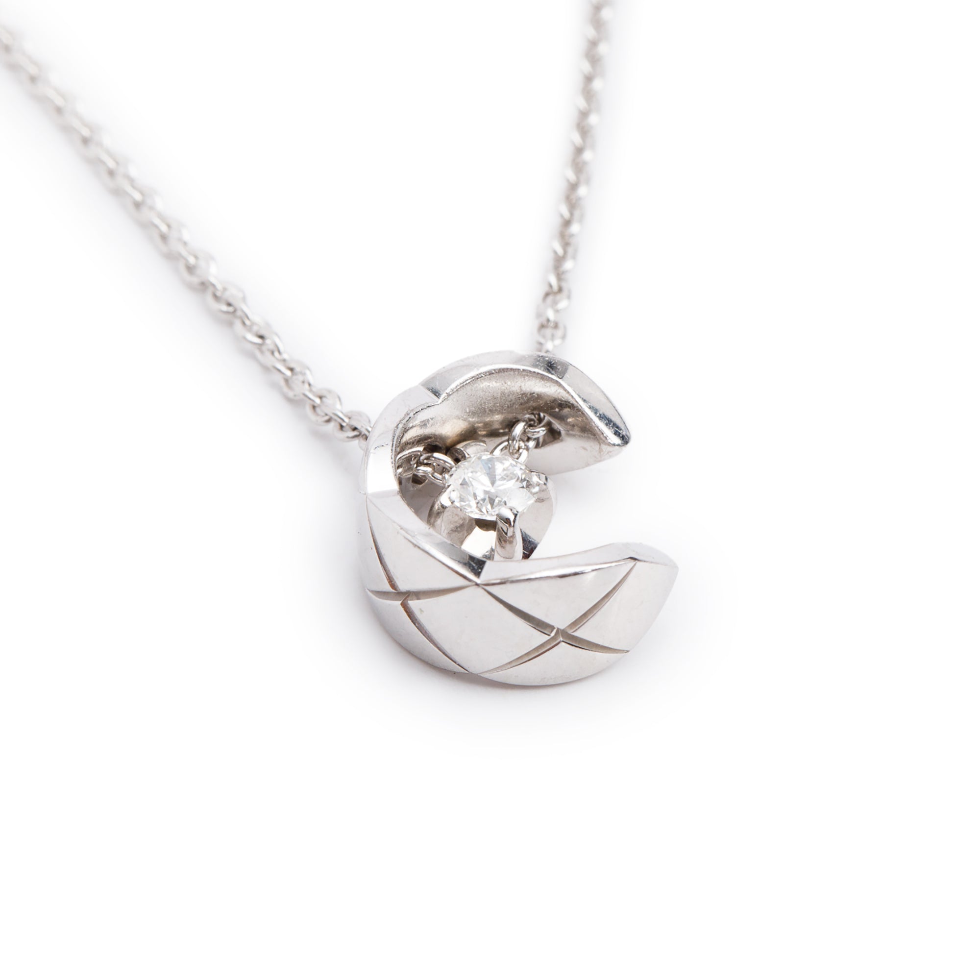 Chanel 18k White Gold Diamond Coco Pendant Necklace