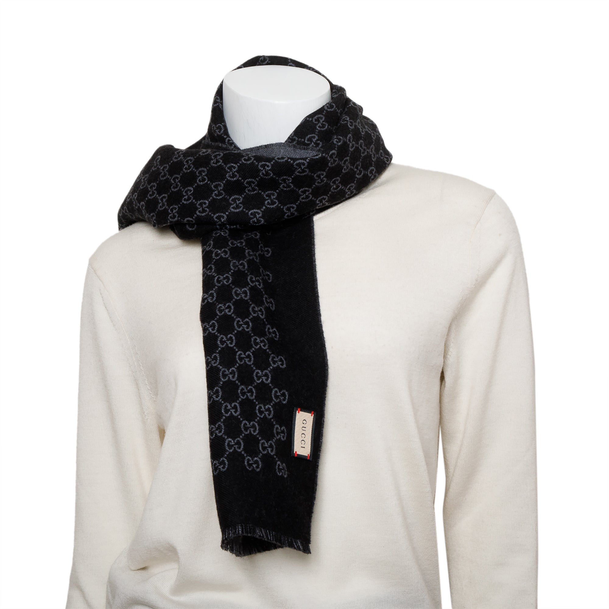 Gucci Black/Grey GG Jacquard Wool Scarf