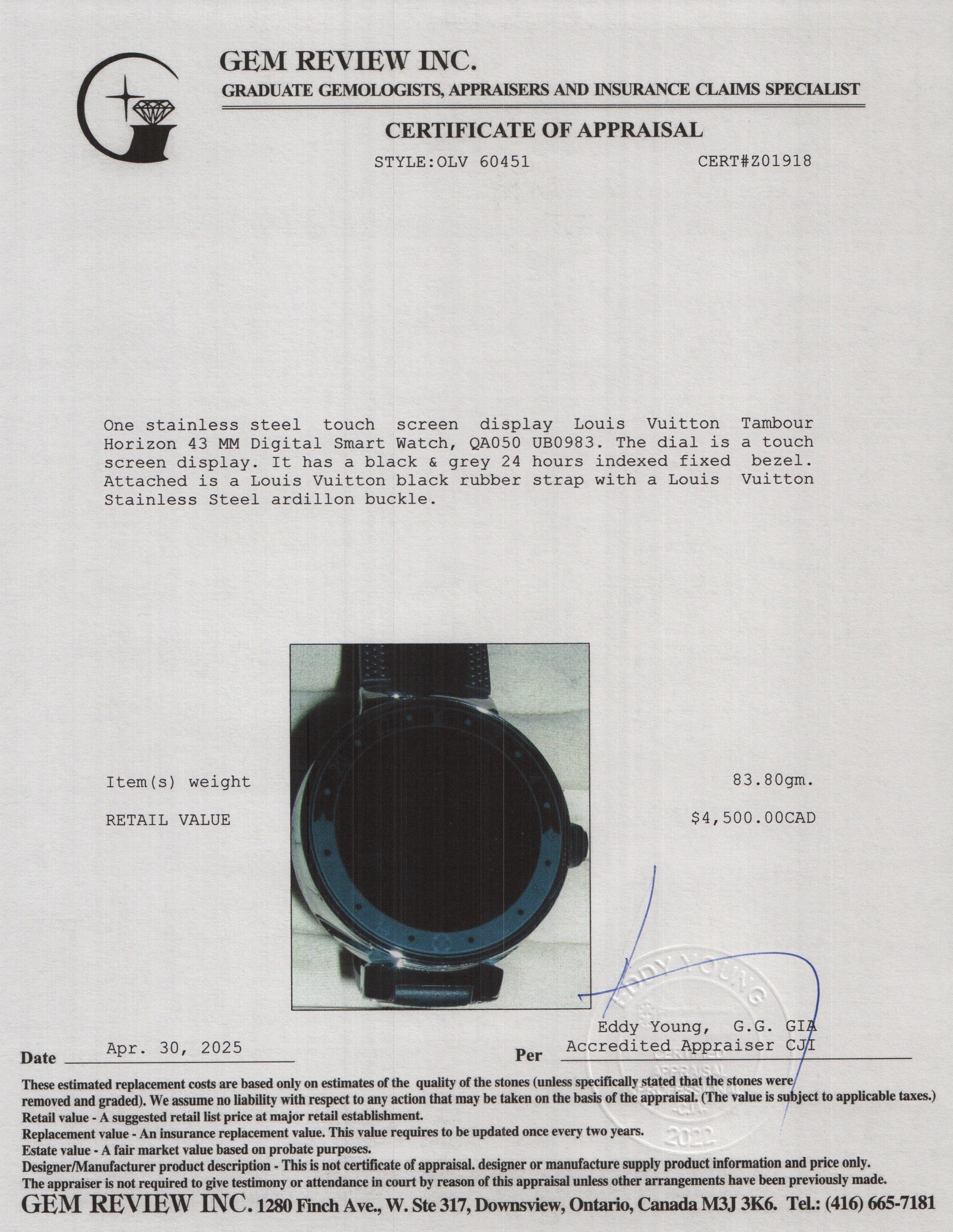 Louis Vuitton Stainless Steel Tambour Horizon 43 MM Digital Smart Watch QA050 w/ Box & Charger