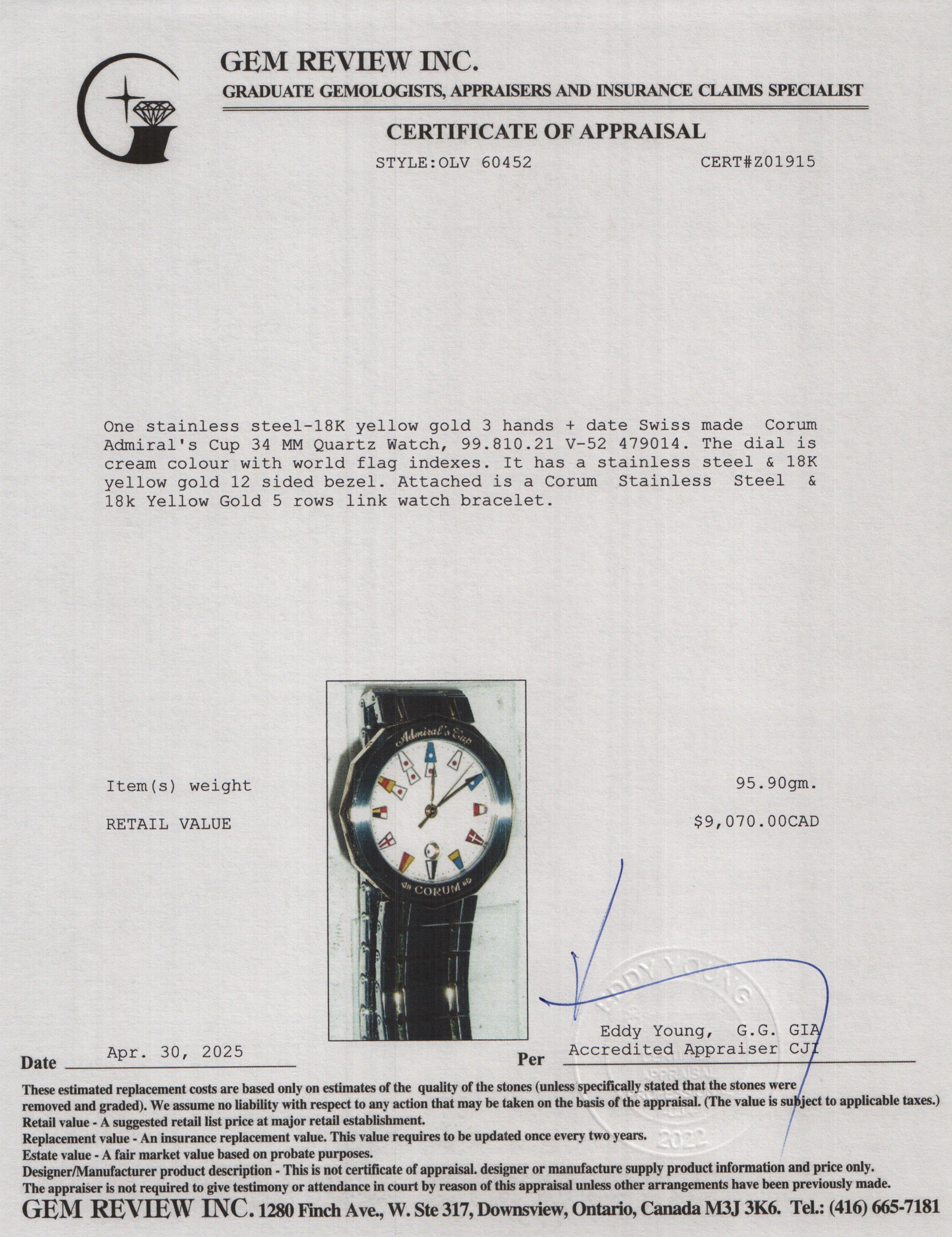 Corum Stainless Steel & 18k Yellow Gold Admiral's Cup 34 MM Quartz Watch w/ Box & Papers