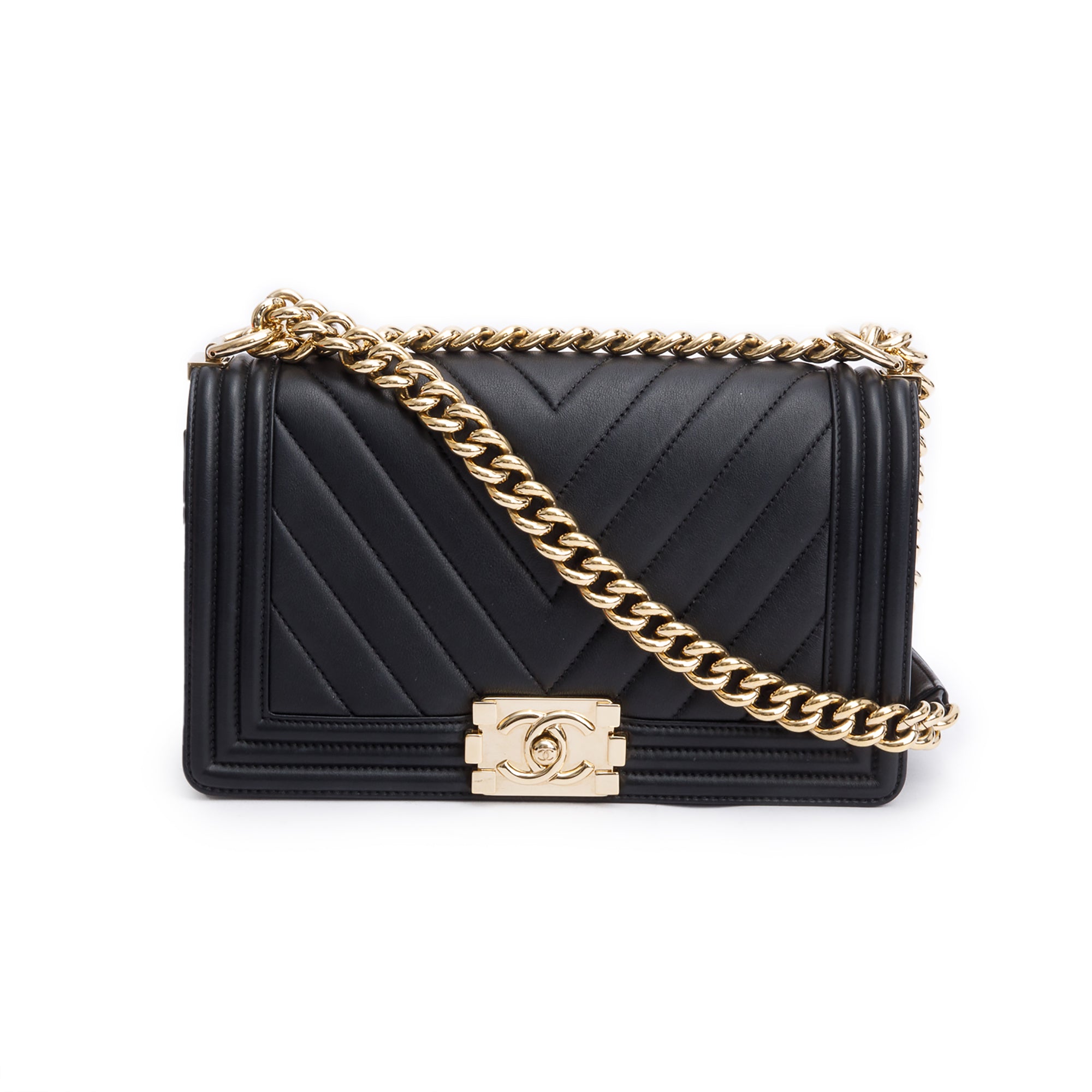 Chanel Black Chevron Quilted Lambskin Leather Medium Boy Bag w/ Authenticity Card