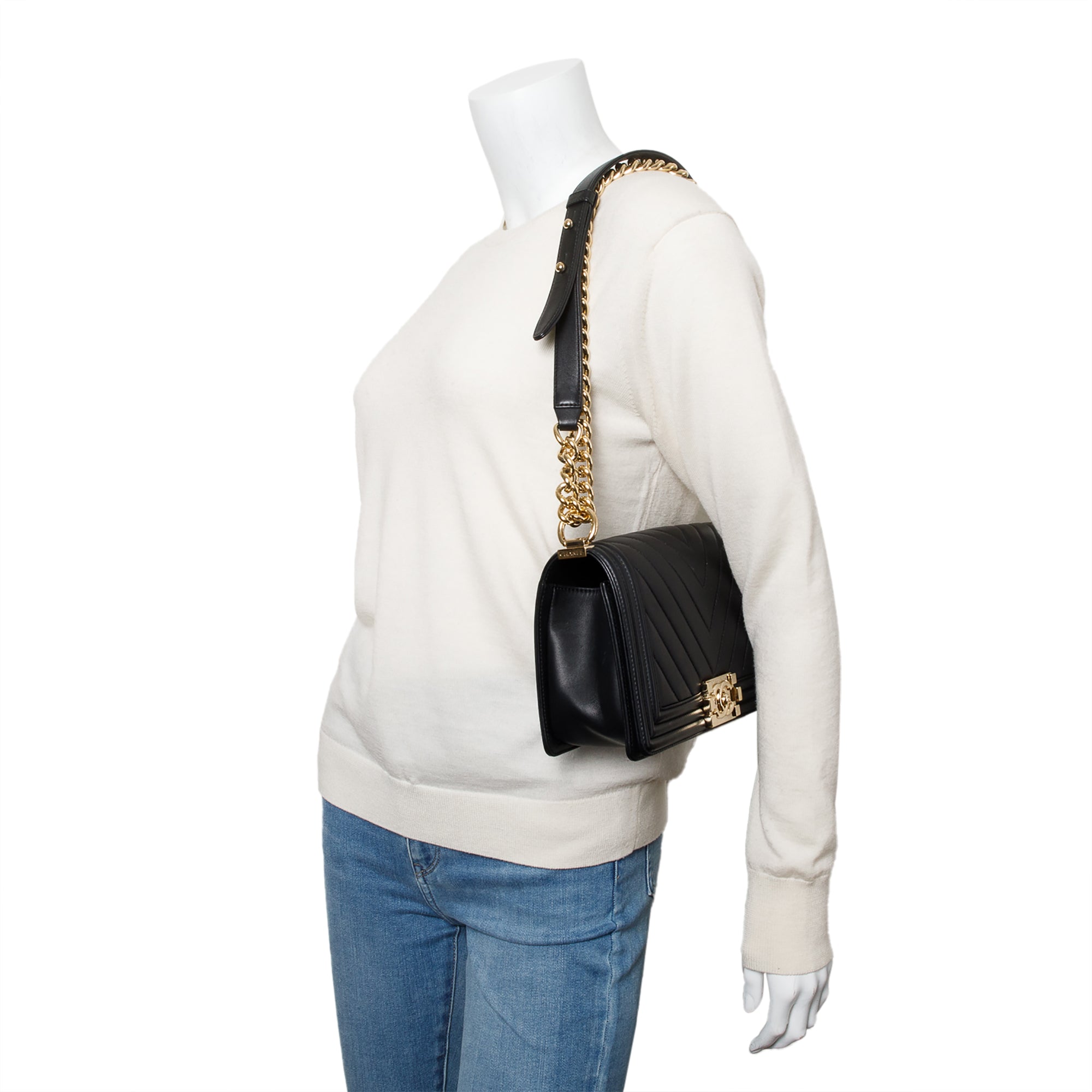 Chanel Black Chevron Quilted Lambskin Leather Medium Boy Bag w/ Authenticity Card