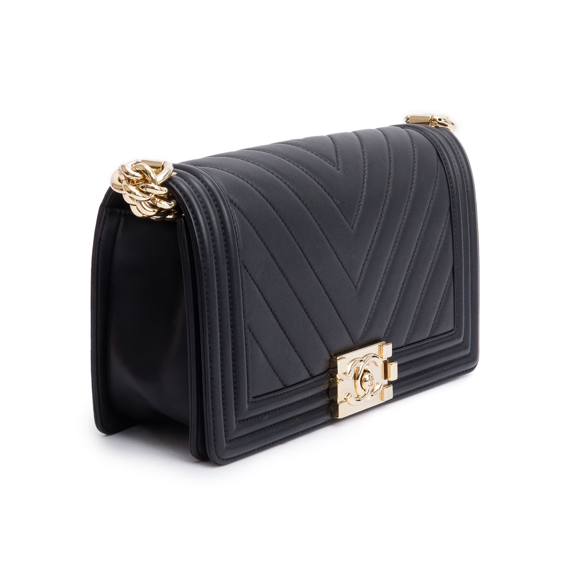 Chanel Black Chevron Quilted Lambskin Leather Medium Boy Bag w/ Authenticity Card