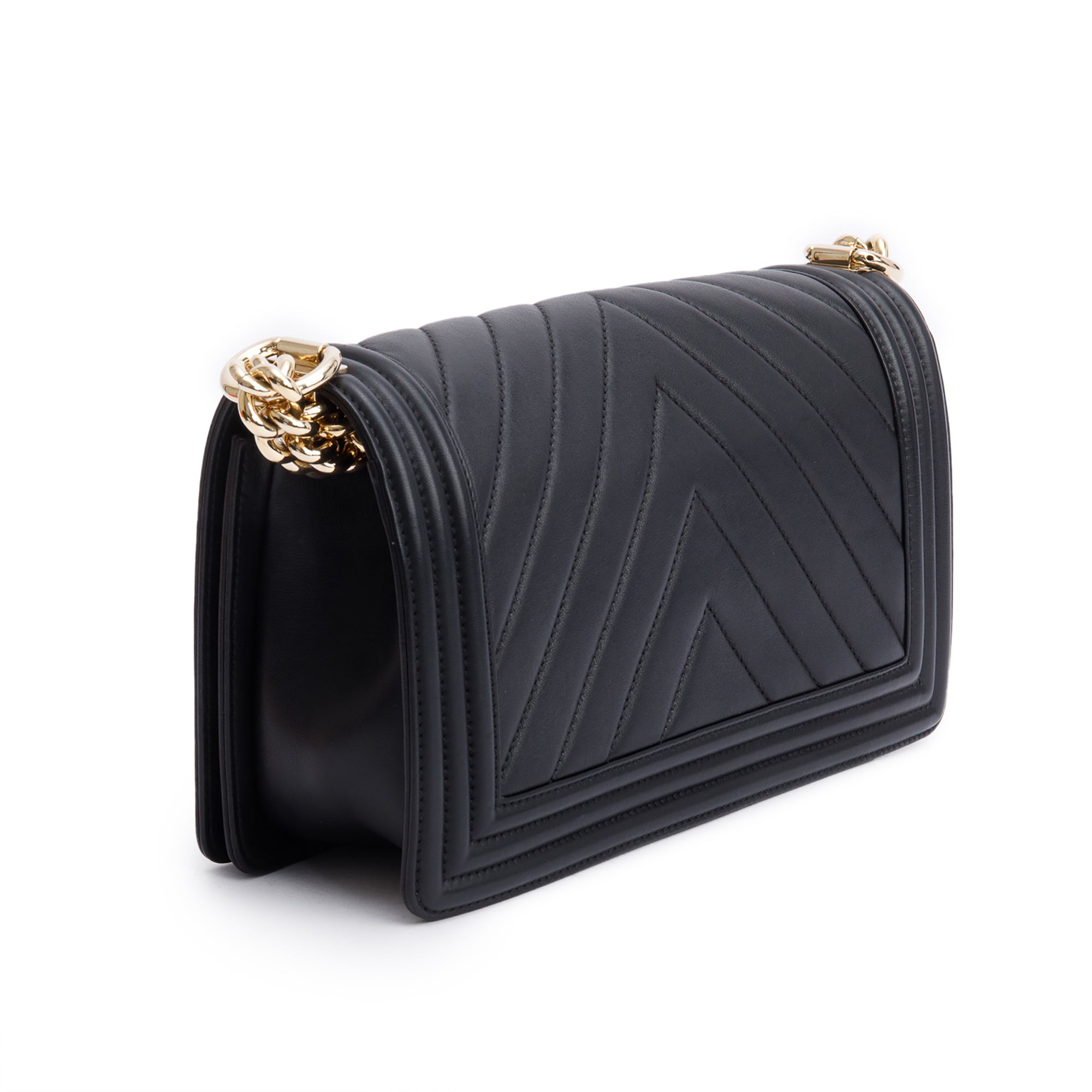 Chanel Black Chevron Quilted Lambskin Leather Medium Boy Bag w/ Authenticity Card