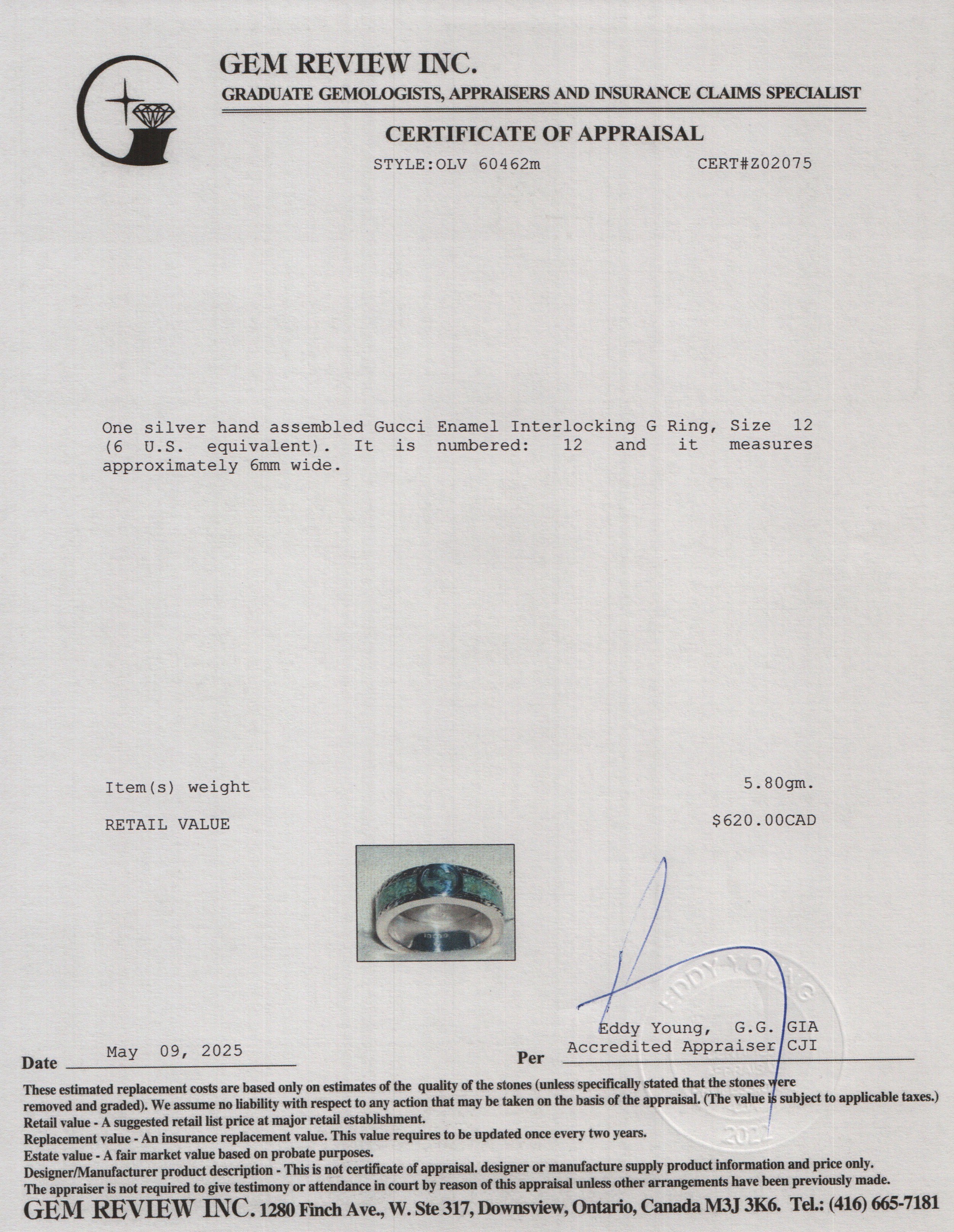 Gucci Sterling Silver Enamel Interlocking G Ring, Size 12 6