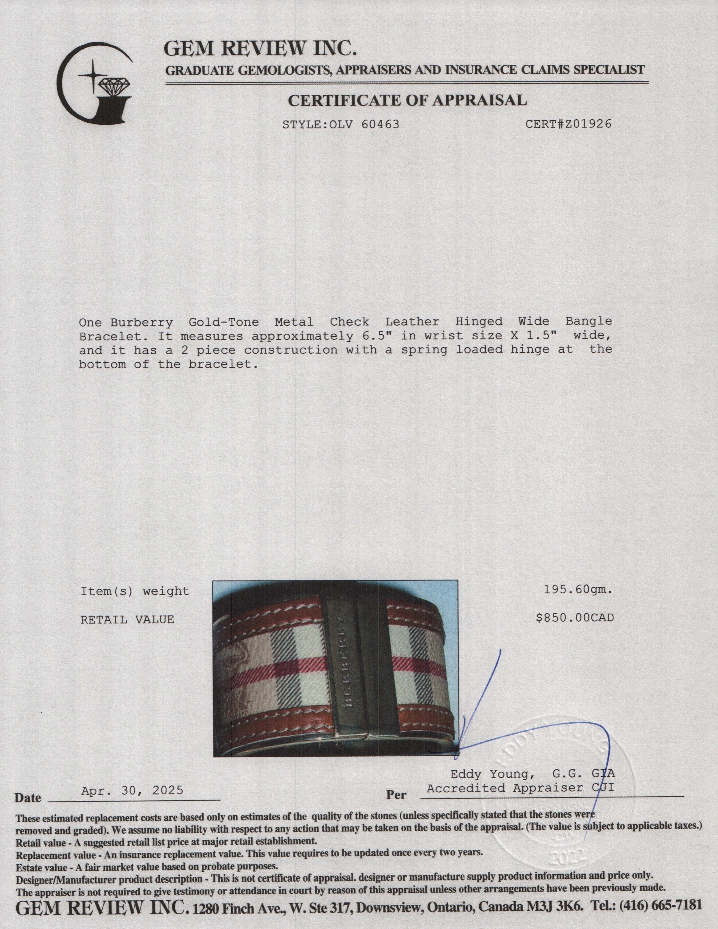 Burberry Gold-Tone Metal Check Leather Hinged Wide Bangle Bracelet